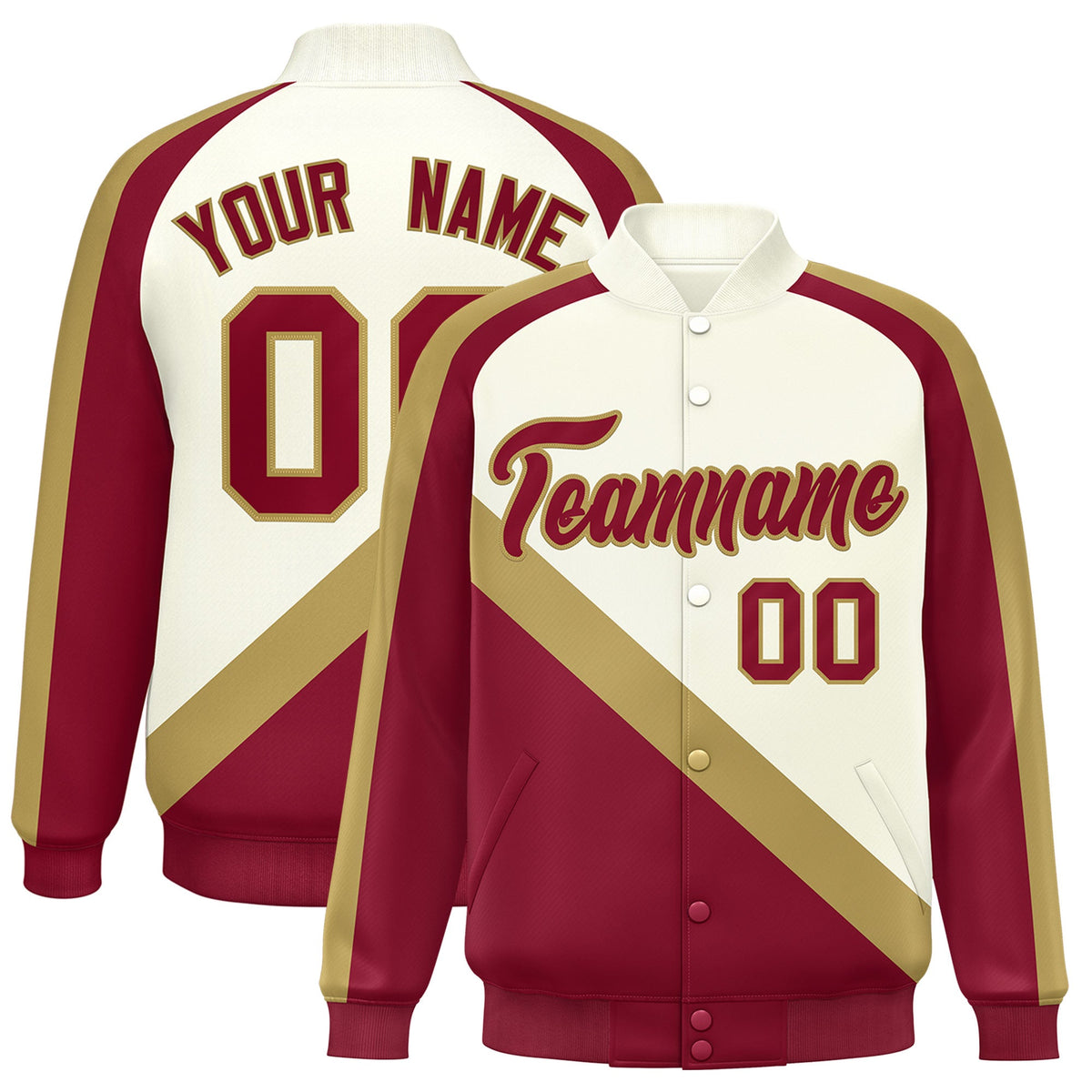 Custom Cream Crimson Raglan Sleeves Varsity Full-Snap Letterman Baseball Jacket