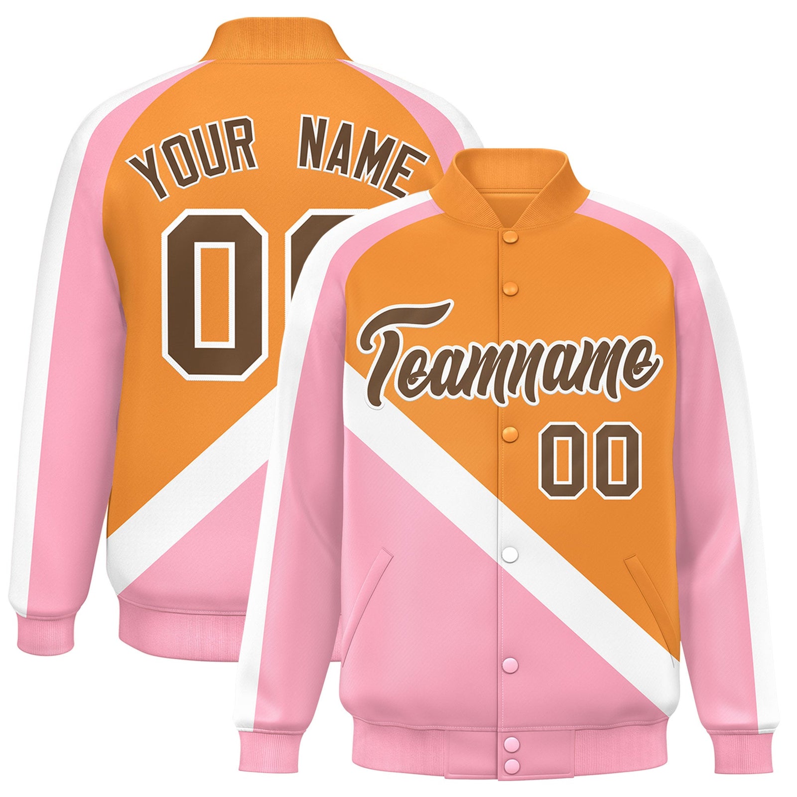 Custom Orange Light Pink Raglan Sleeves Varsity Full-Snap Letterman Baseball Jacket