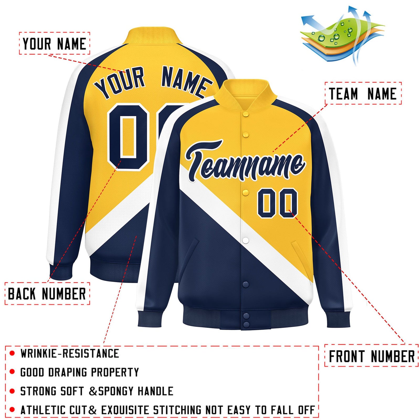 Custom Gold Navy Raglan Sleeves Varsity Full-Snap Letterman Baseball Jacket