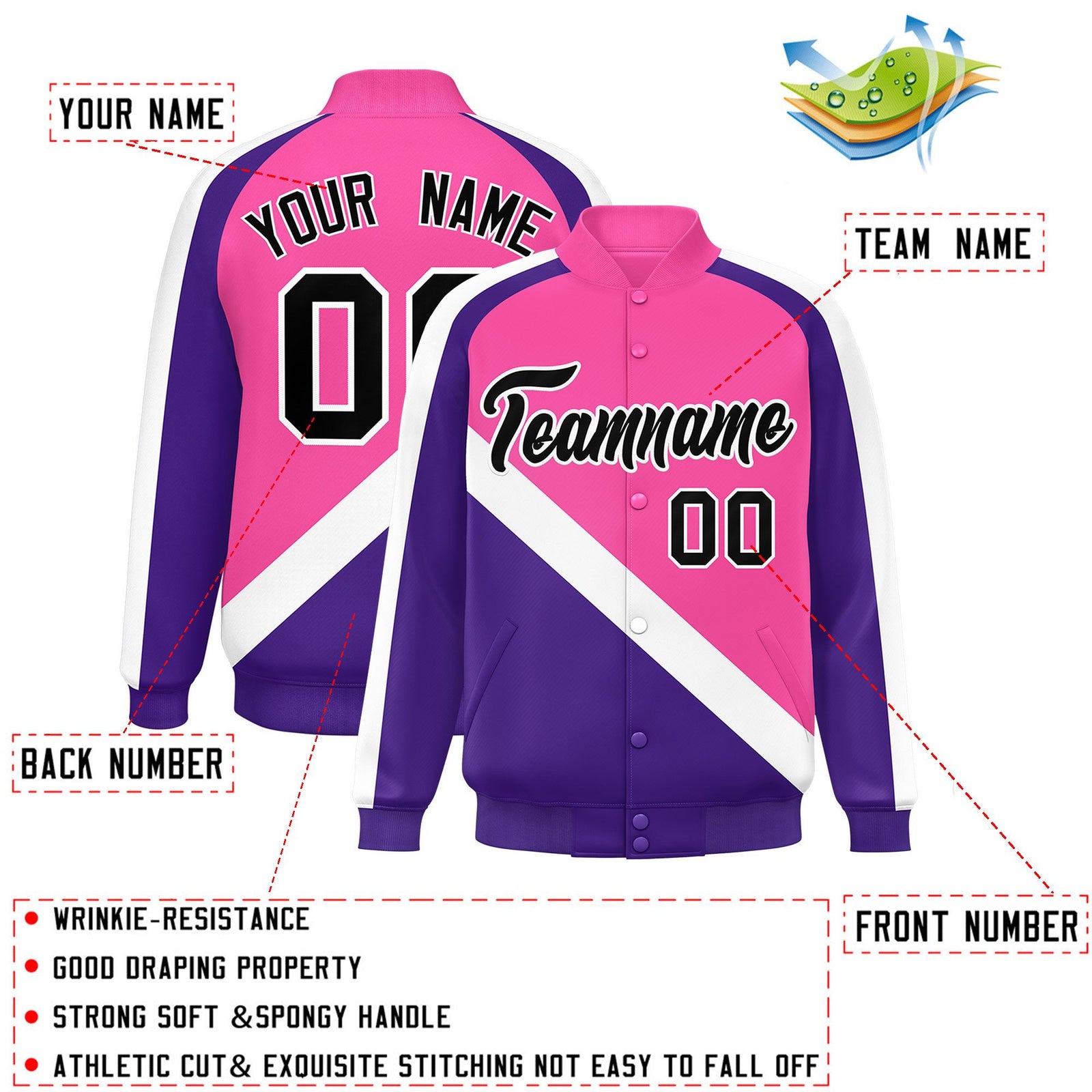 Custom Pink Purple Raglan Sleeves Varsity Full-Snap Letterman Baseball Jacket