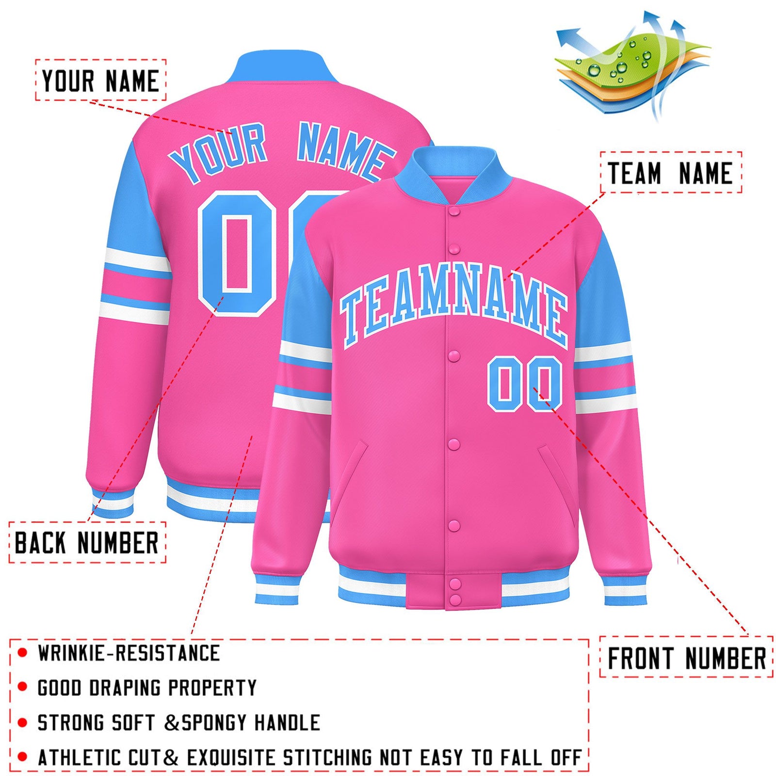 Custom Pink Varsity Full-Snap Color Block Letterman Jacket