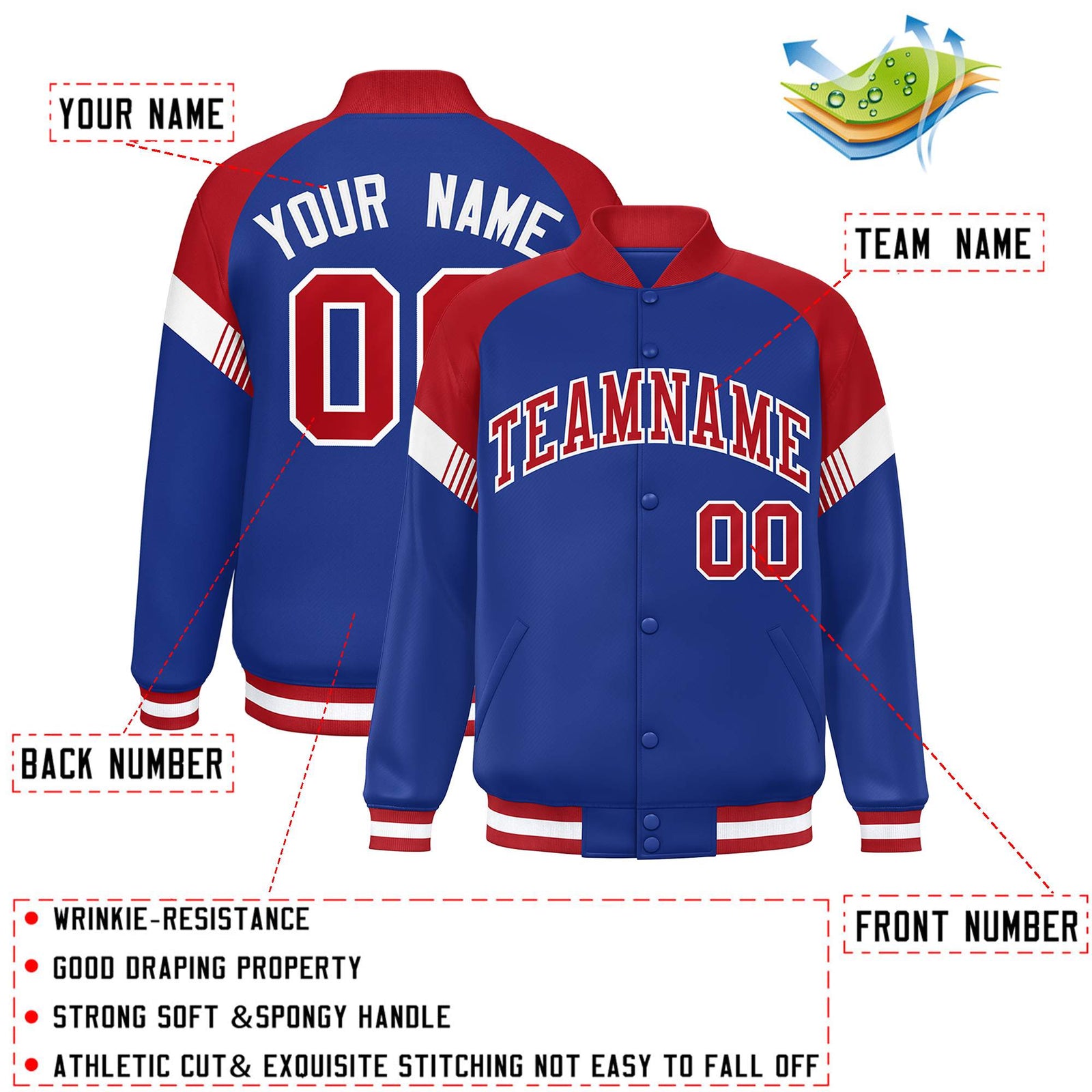 Custom Royal Red-White Varsity Full-Snap Color Block Letterman Jacket