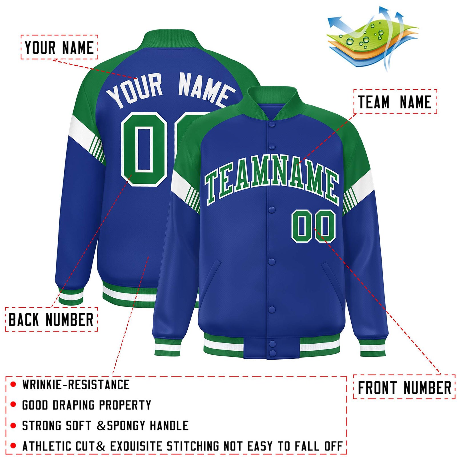 Custom Royal Kelly Green-White Varsity Full-Snap Color Block Letterman Jacket