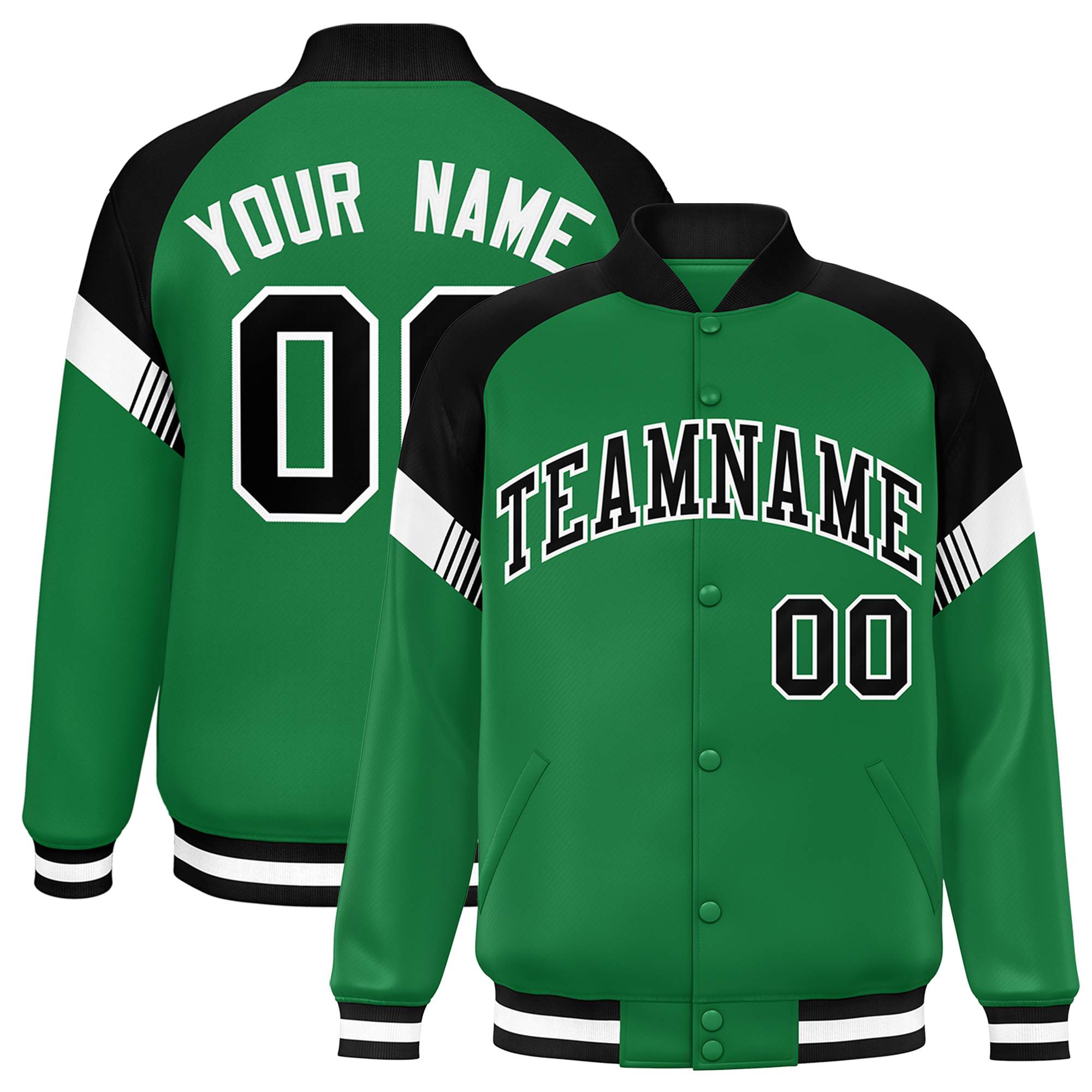 Custom Kelly Green Black-White Varsity Full-Snap Color Block Letterman Jacket
