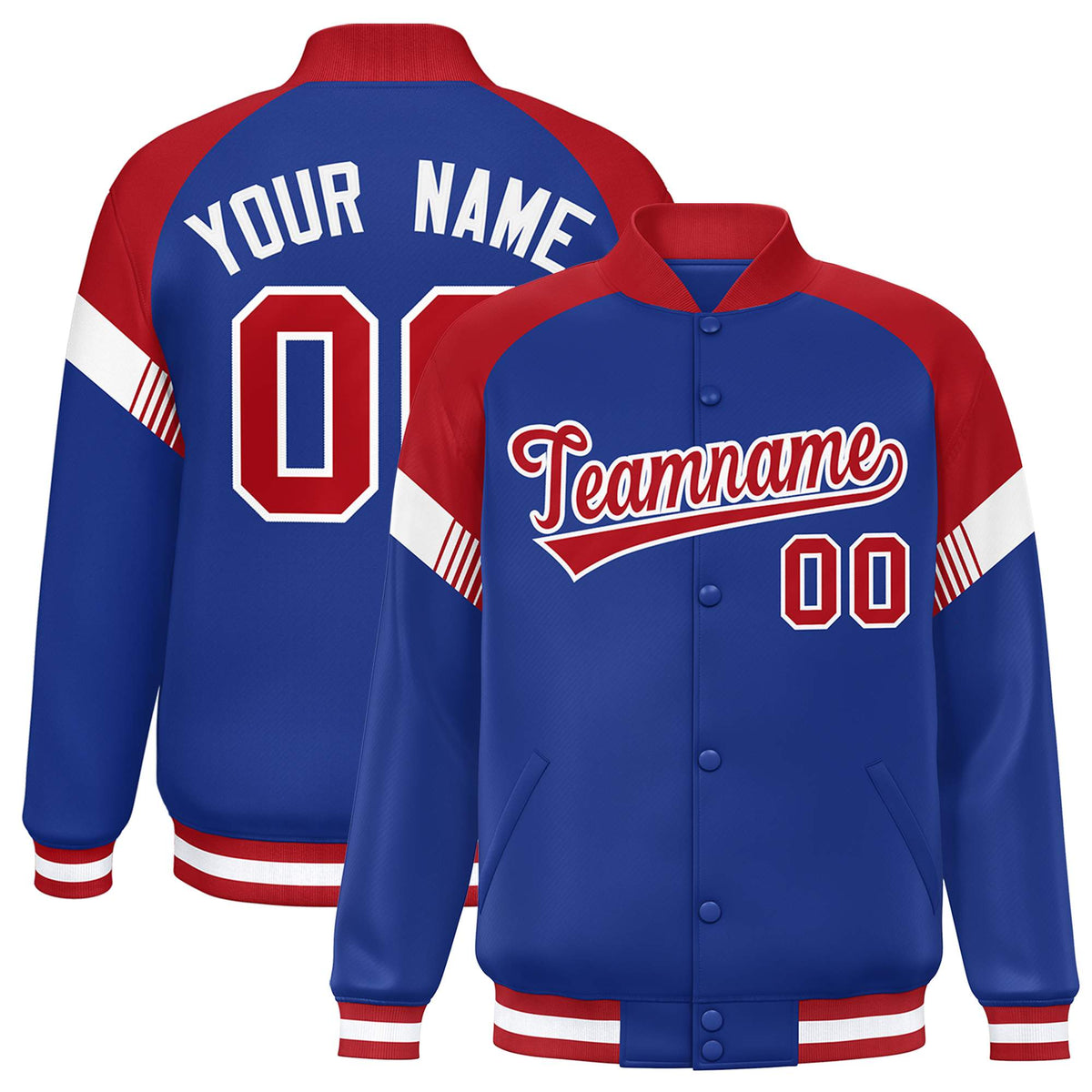 Custom Royal Red-White Varsity Full-Snap Color Block Letterman Jacket