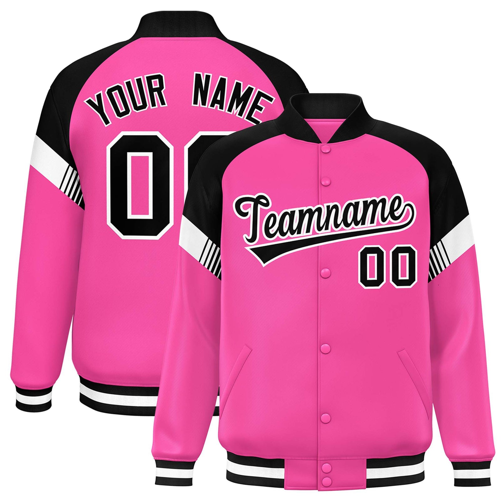 Custom Pink Black-White Varsity Full-Snap Color Block Letterman Jacket