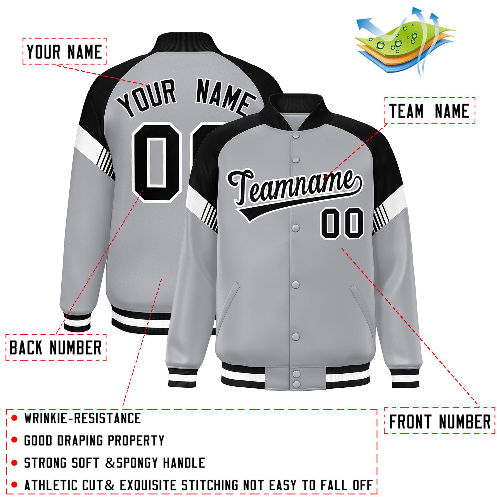 Custom Gray Black-White Varsity Full-Snap Color Block Letterman Jacket