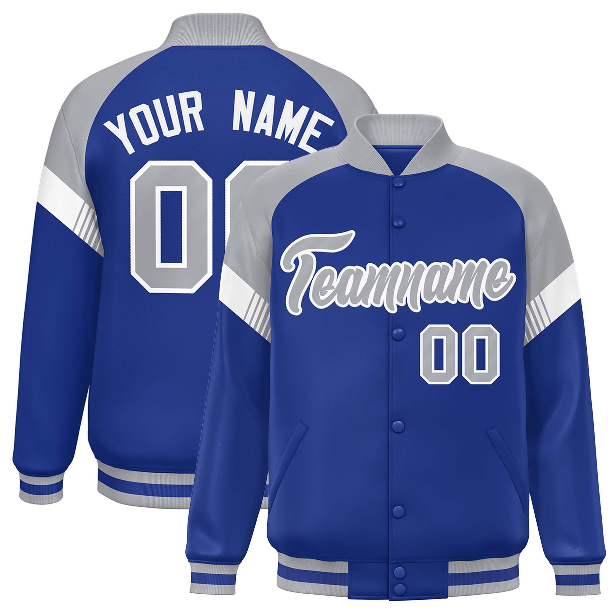 Custom Royal Gray-White Varsity Full-Snap Color Block Letterman Jacket