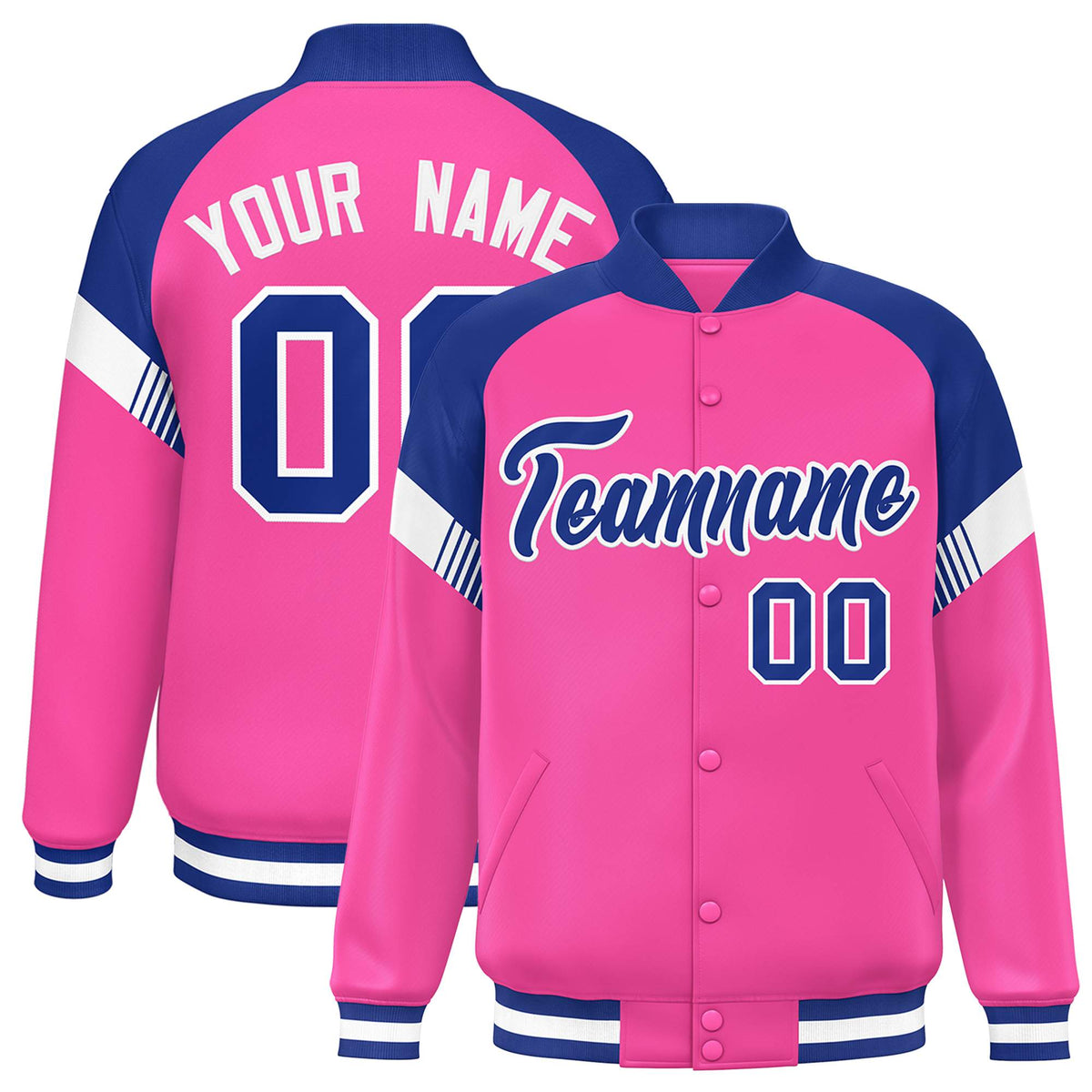 Custom Pink Royal-White Varsity Full-Snap Color Block Letterman Jacket