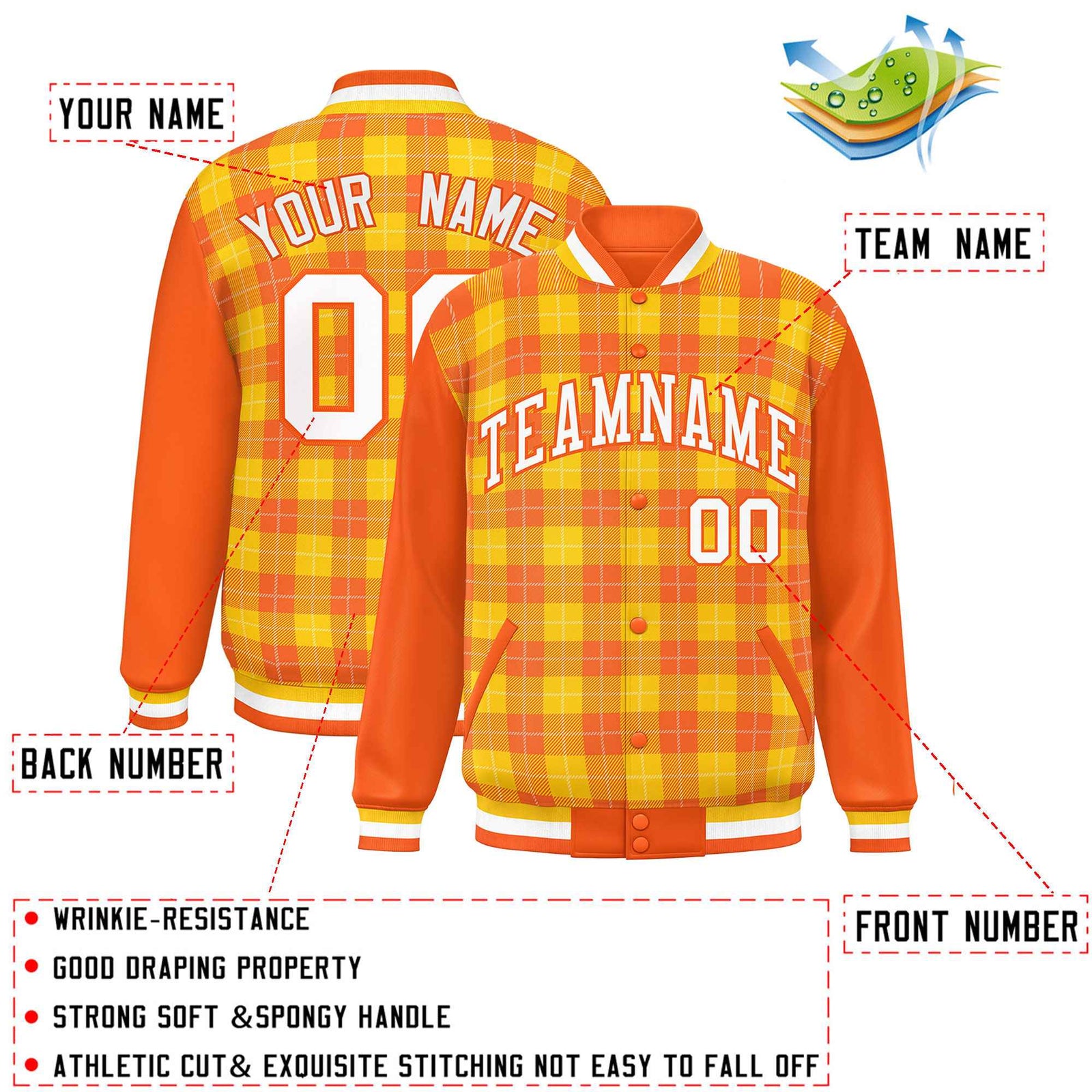 Custom Gold Orange-White Varsity Full-Snap Plaid Pattern Letterman Baseball Jacket