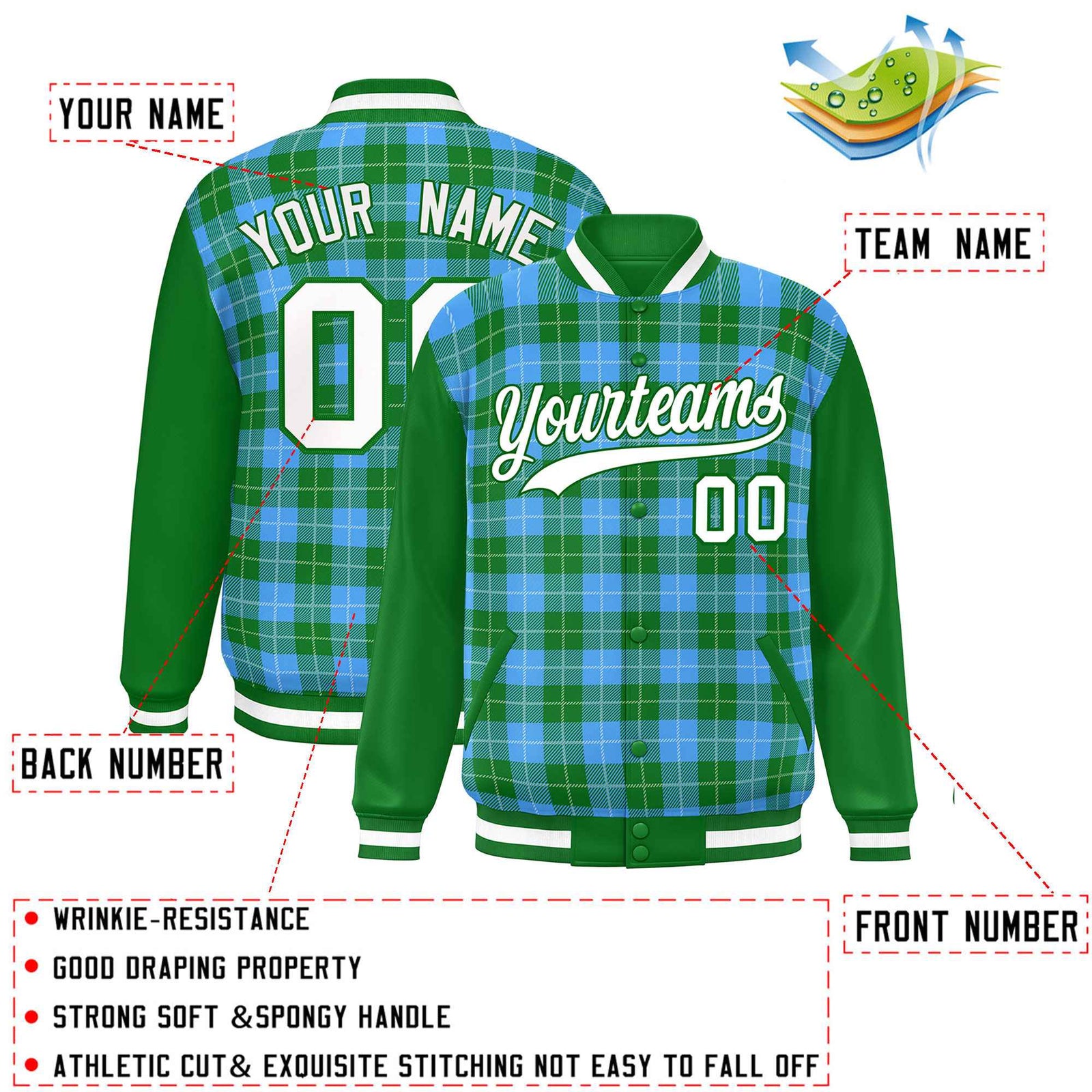 Custom Powder Blue Green-White Varsity Full-Snap Plaid Pattern Letterman Baseball Jacket