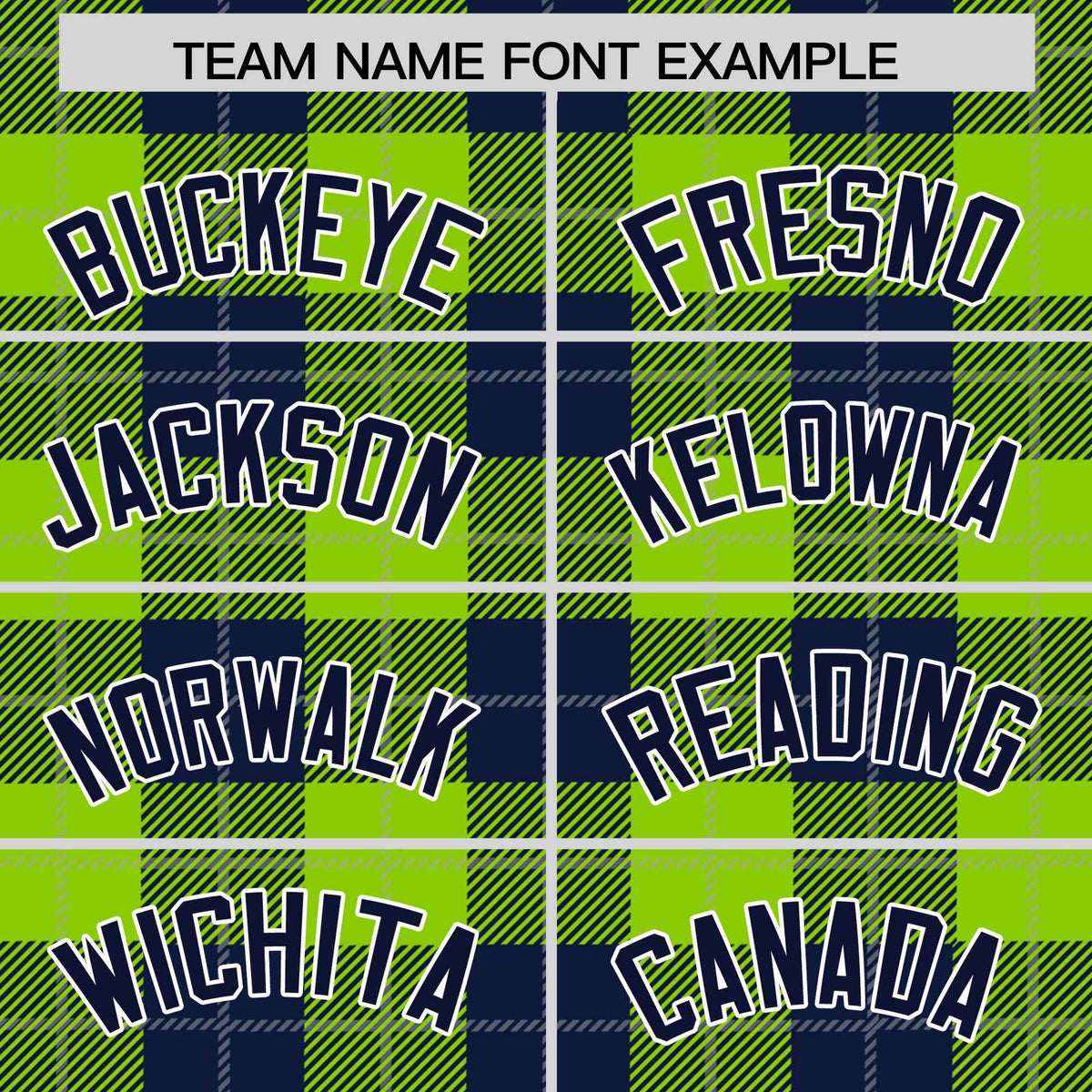 Custom Neon Green Navy-Gray Varsity Full-Snap Plaid Pattern Letterman Baseball Jacket