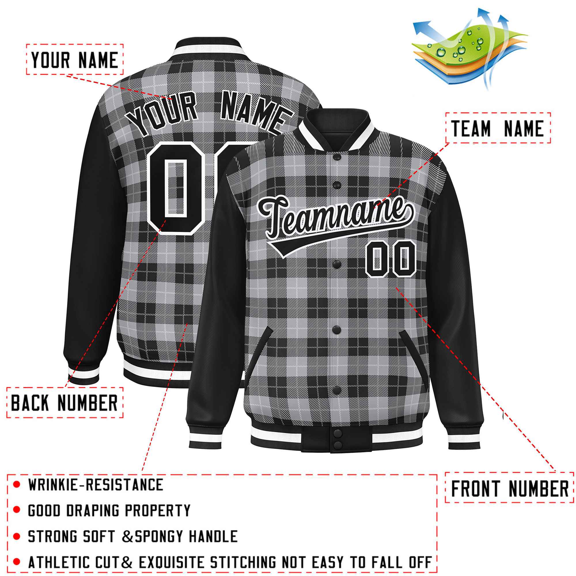 Custom Gray Black-White Varsity Full-Snap Plaid Pattern Letterman Baseball Jacket