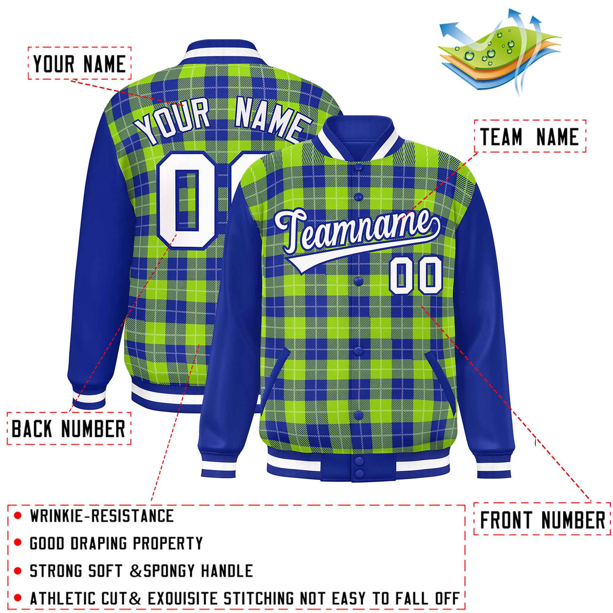 Custom Neon Green Royal-White Varsity Full-Snap Plaid Pattern Letterman Baseball Jacket