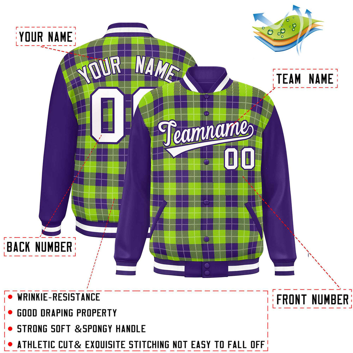 Custom Neon Green Purple-White Varsity Full-Snap Plaid Pattern Letterman Baseball Jacket