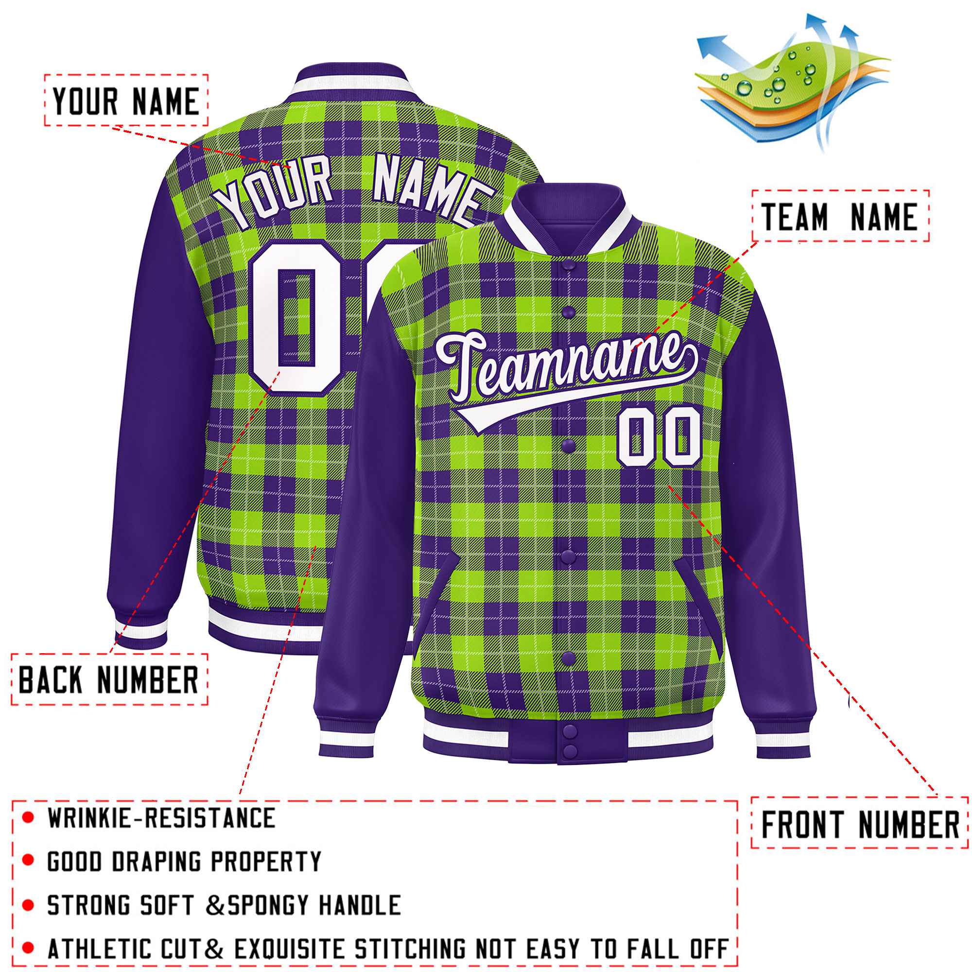 Custom Neon Green Purple-White Varsity Full-Snap Plaid Pattern Letterman Baseball Jacket