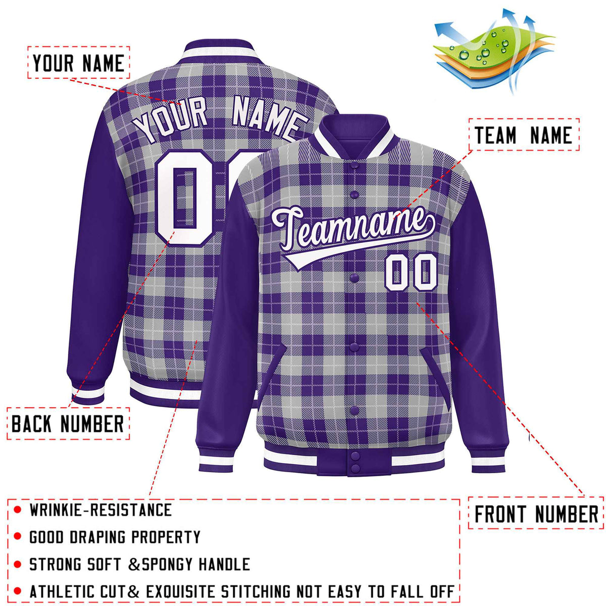 Custom Gray Purple-White Varsity Full-Snap Plaid Pattern Letterman Baseball Jacket