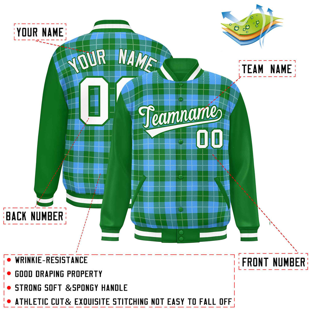 Custom Powder Blue Green-White Varsity Full-Snap Plaid Pattern Letterman Baseball Jacket