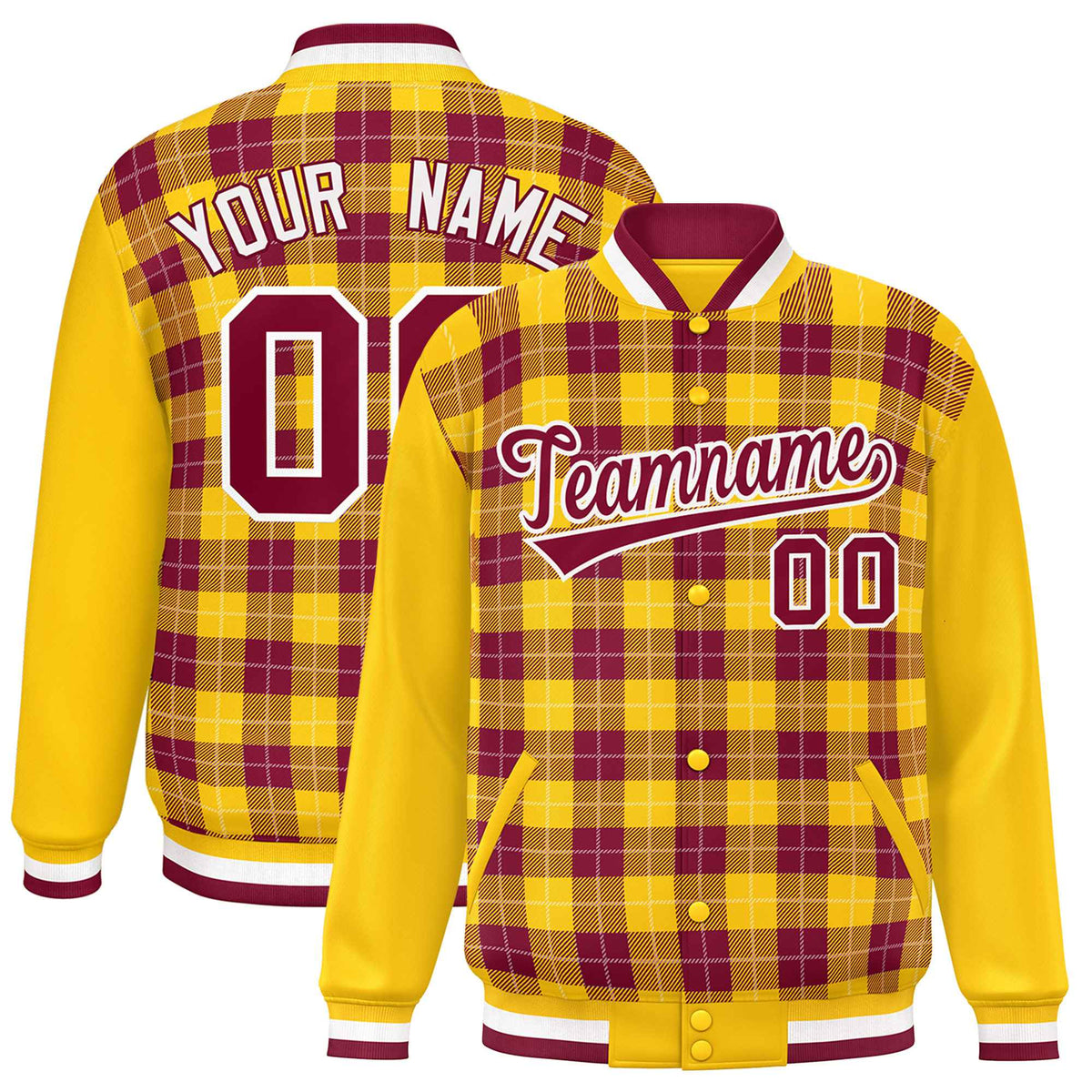 Custom Crimson Gold-White Varsity Full-Snap Plaid Pattern Letterman Baseball Jacket