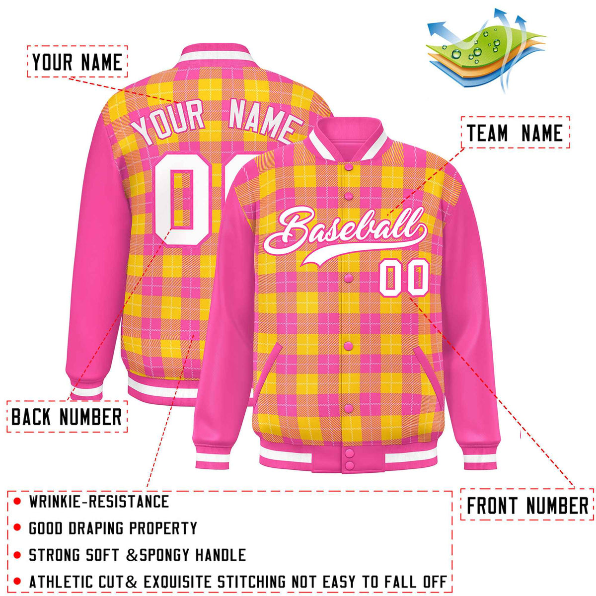 Custom Gold Pink-White Varsity Full-Snap Plaid Pattern Letterman Baseball Jacket