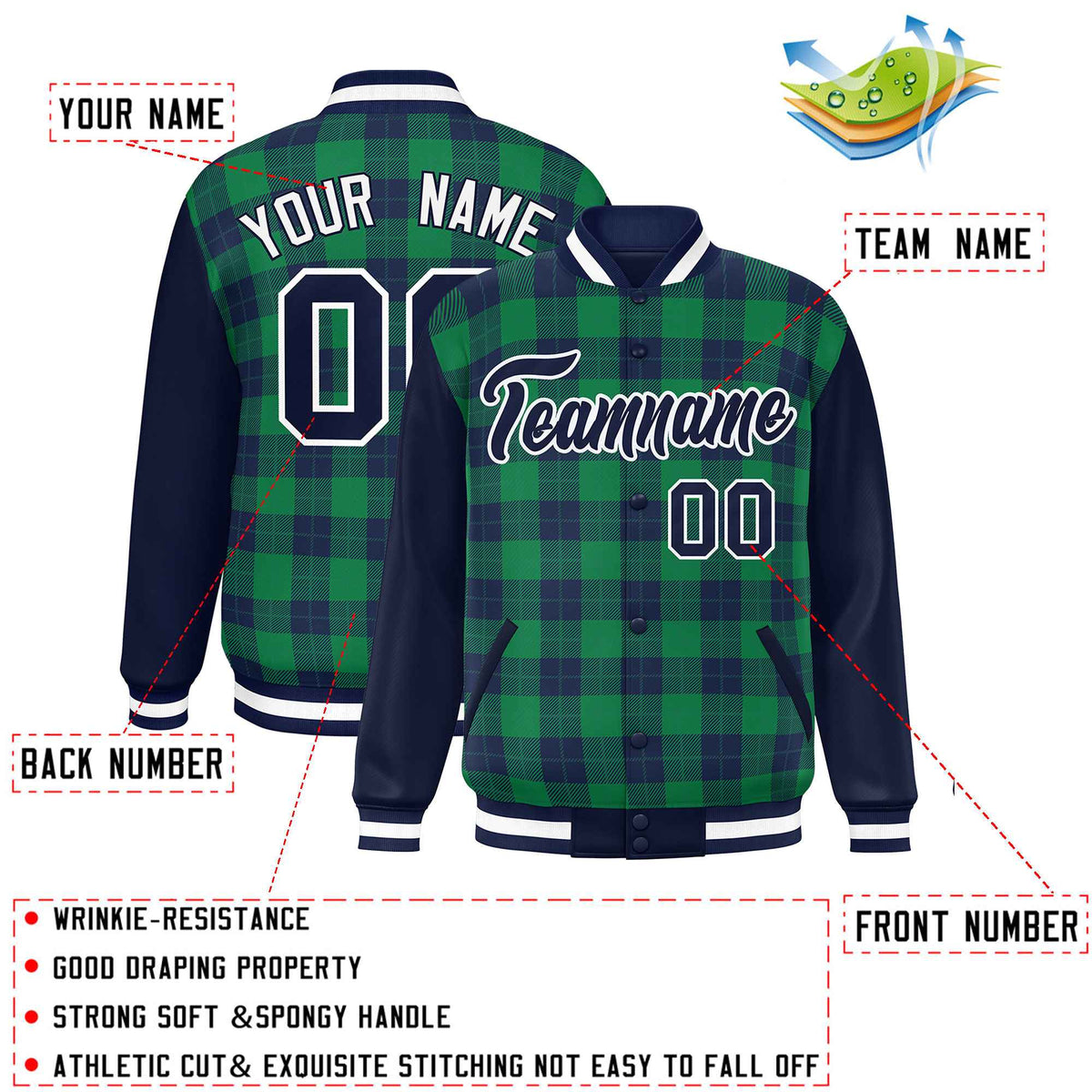 Custom Green Navy-Green Varsity Full-Snap Plaid Pattern Letterman Baseball Jacket