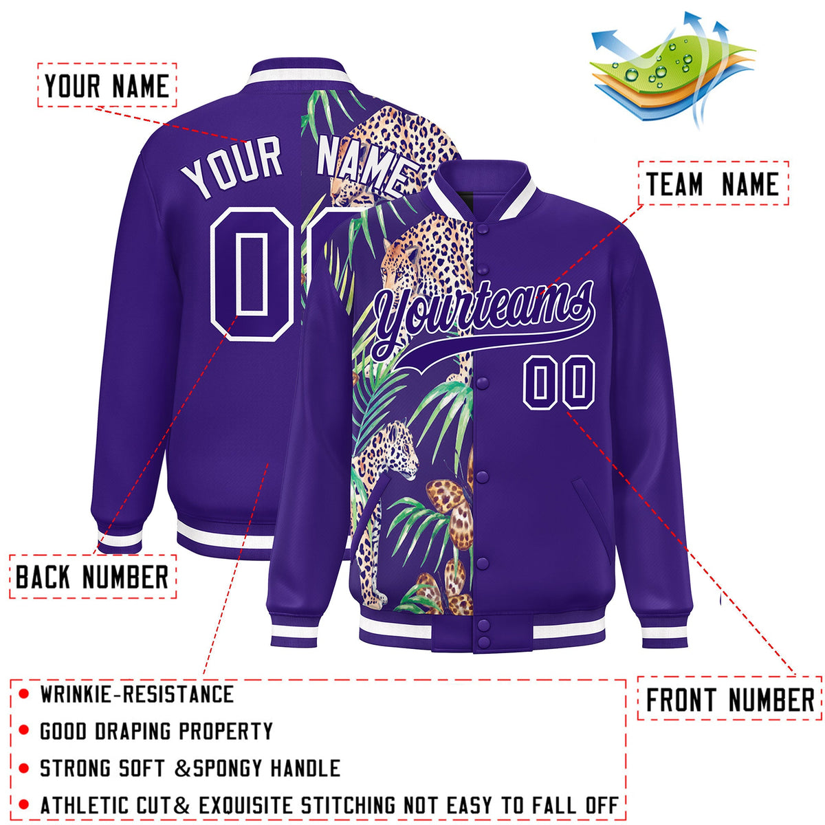 Custom Purple Varsity Full-Snap Flower Pattern Letterman Two Tone Split Fashion Jacket