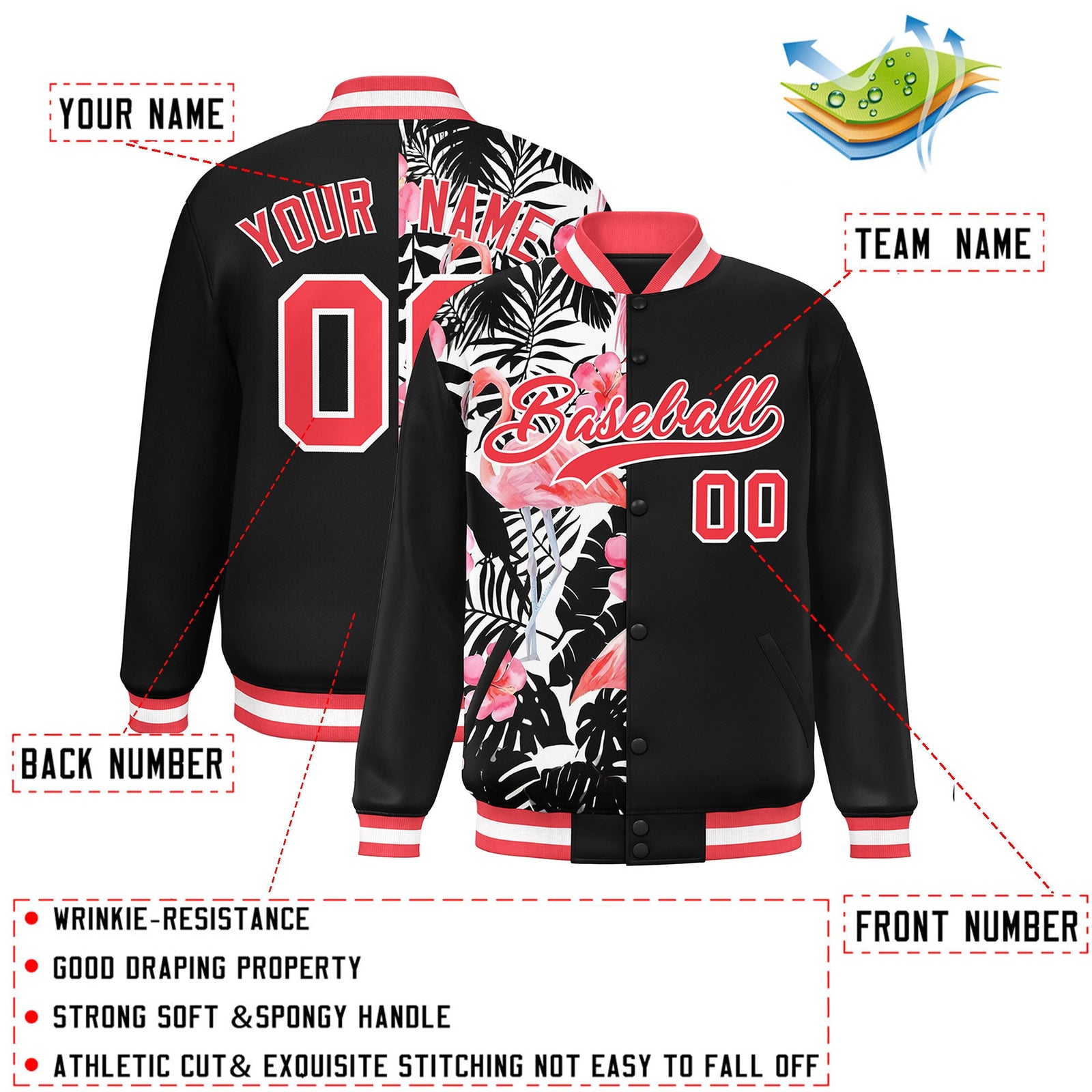 Custom Black Varsity Full-Snap Flower Pattern Letterman Two Tone Split Fashion Jacket