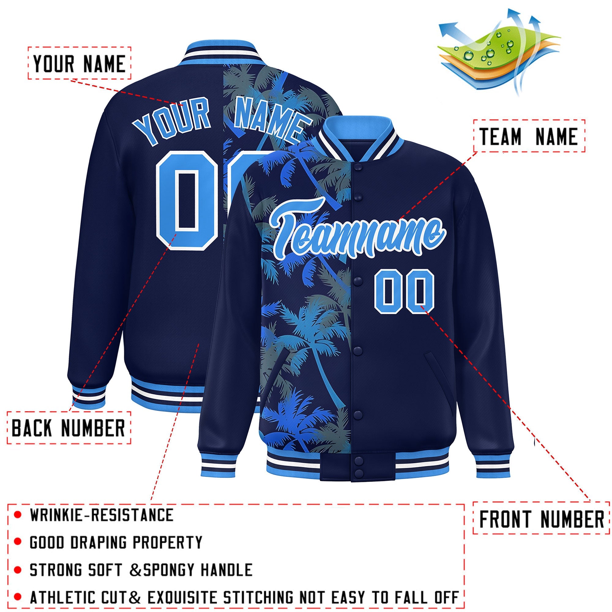 Custom Navy Varsity Full-Snap Flower Pattern Letterman Two Tone Split Fashion Jacket