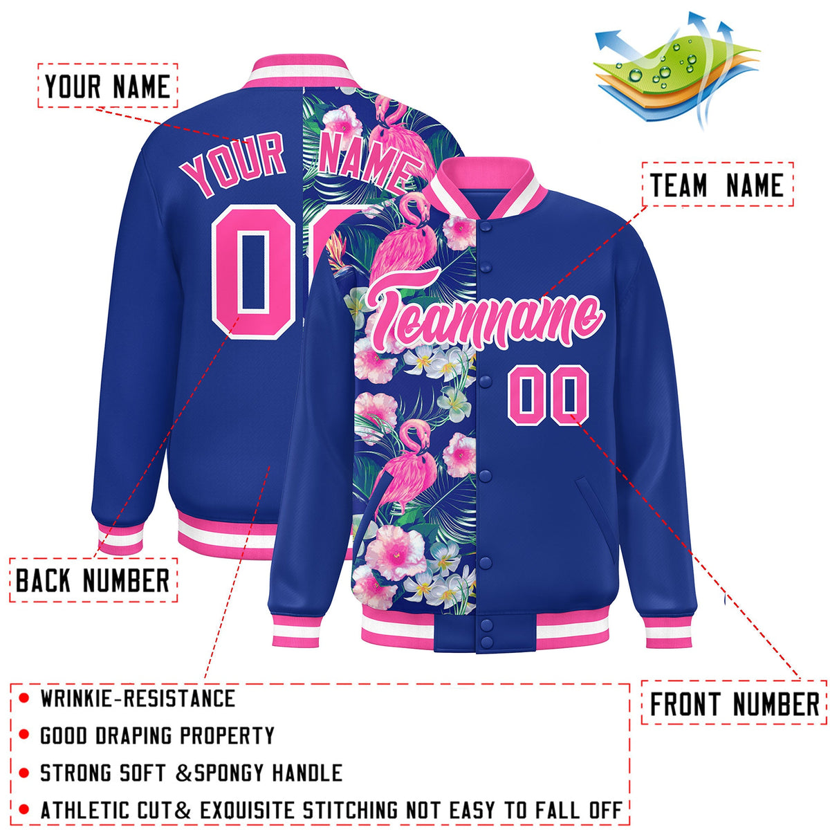 Custom Royal Varsity Full-Snap Flower Pattern Letterman Two Tone Split Fashion Jacket