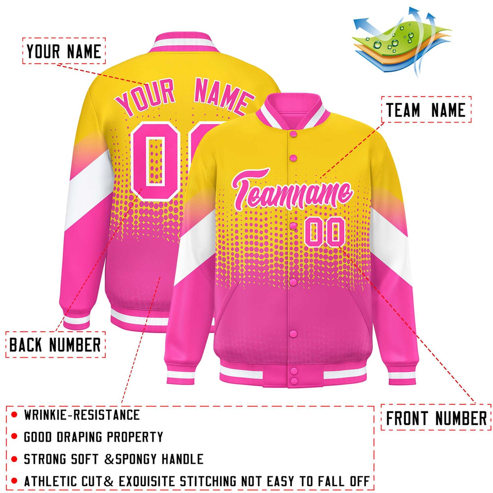 Custom Gold Pink Gradient Varsity Full-Snap Polka Dot Pattern Letterman Baseball Jacket