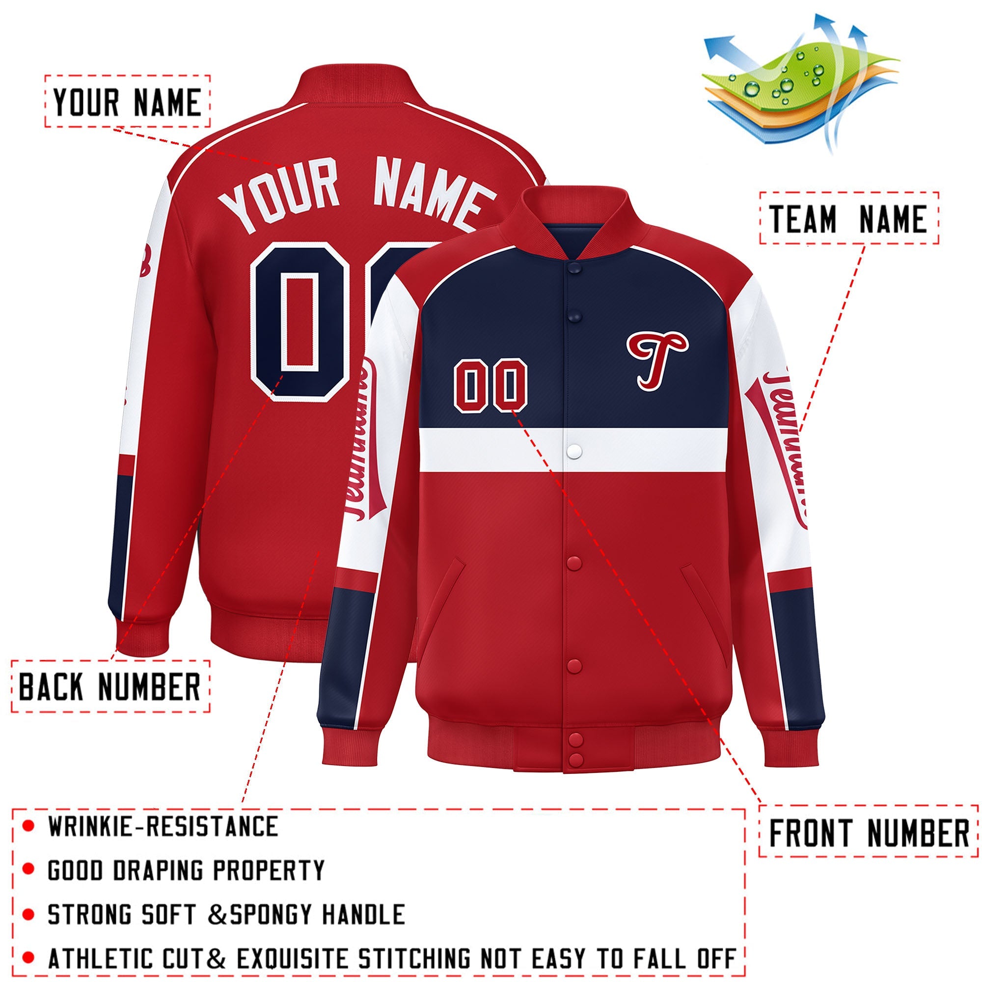 Custom Navy Red Varsity Full-Snap Raglan Sleeves Letterman Jacket