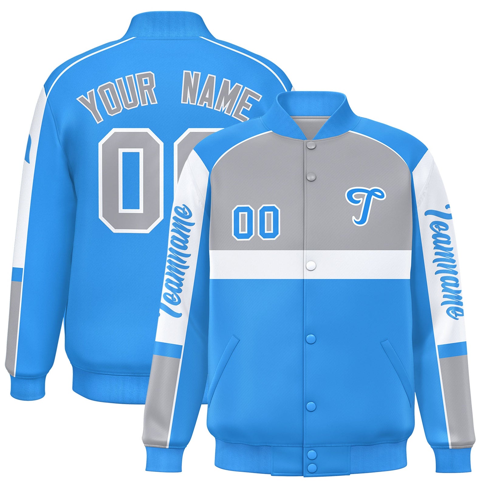Custom Gray Powder Blue Varsity Full-Snap Raglan Sleeves Letterman Jacket
