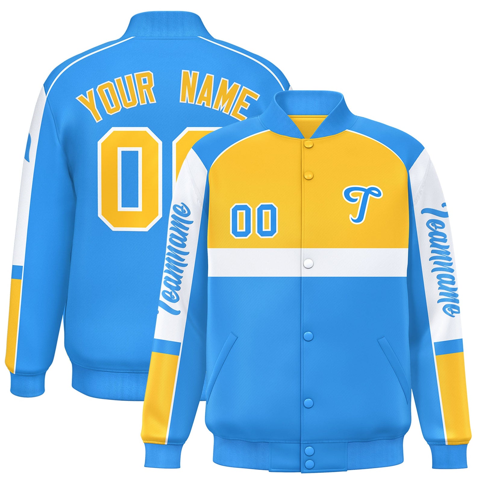 Custom Yellow Powder Blue Varsity Full-Snap Raglan Sleeves Letterman Jacket