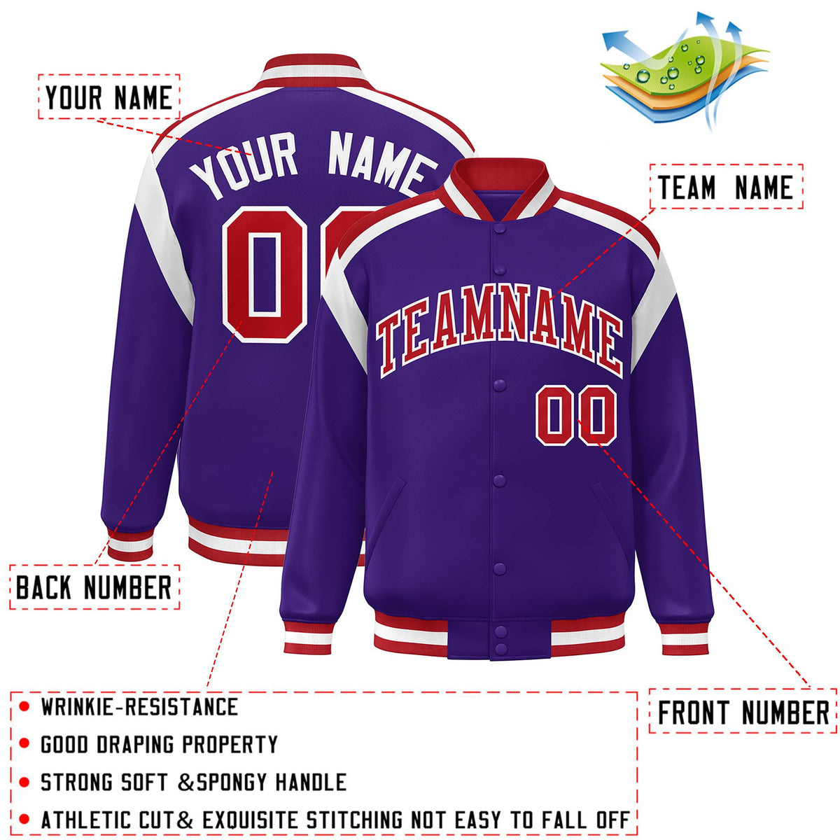 Custom Purple Varsity Full-Snap Color Block Letterman Jacket