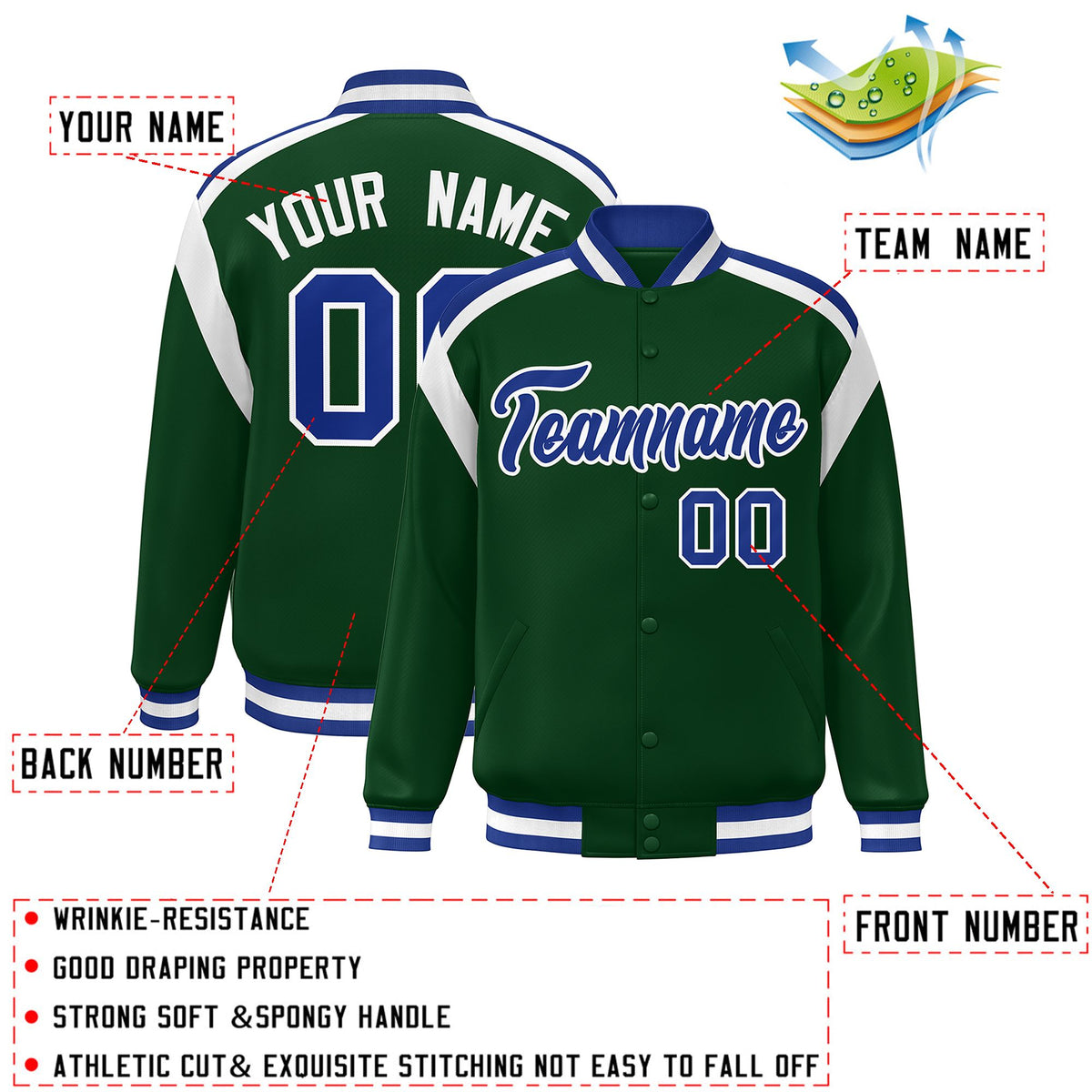 Custom Green Varsity Full-Snap Color Block Letterman Jacket
