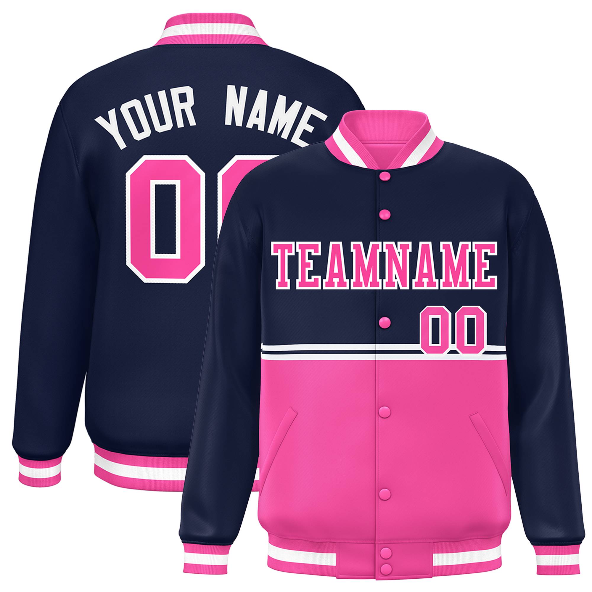Custom Navy Pink Varsity Full-Snap Color Block Letterman Jacket