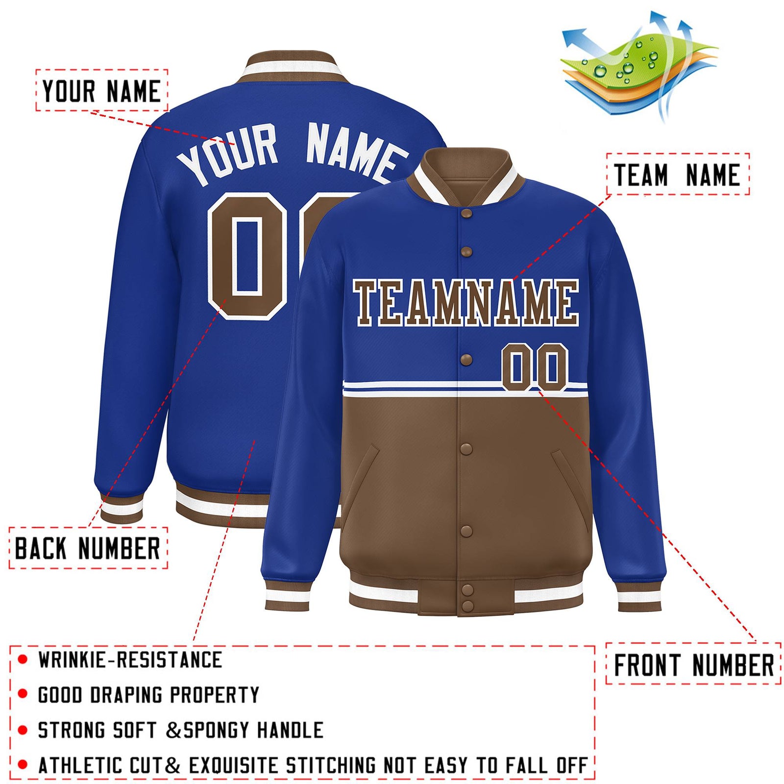 Custom Royal Light Brown Varsity Full-Snap Color Block Letterman Jacket