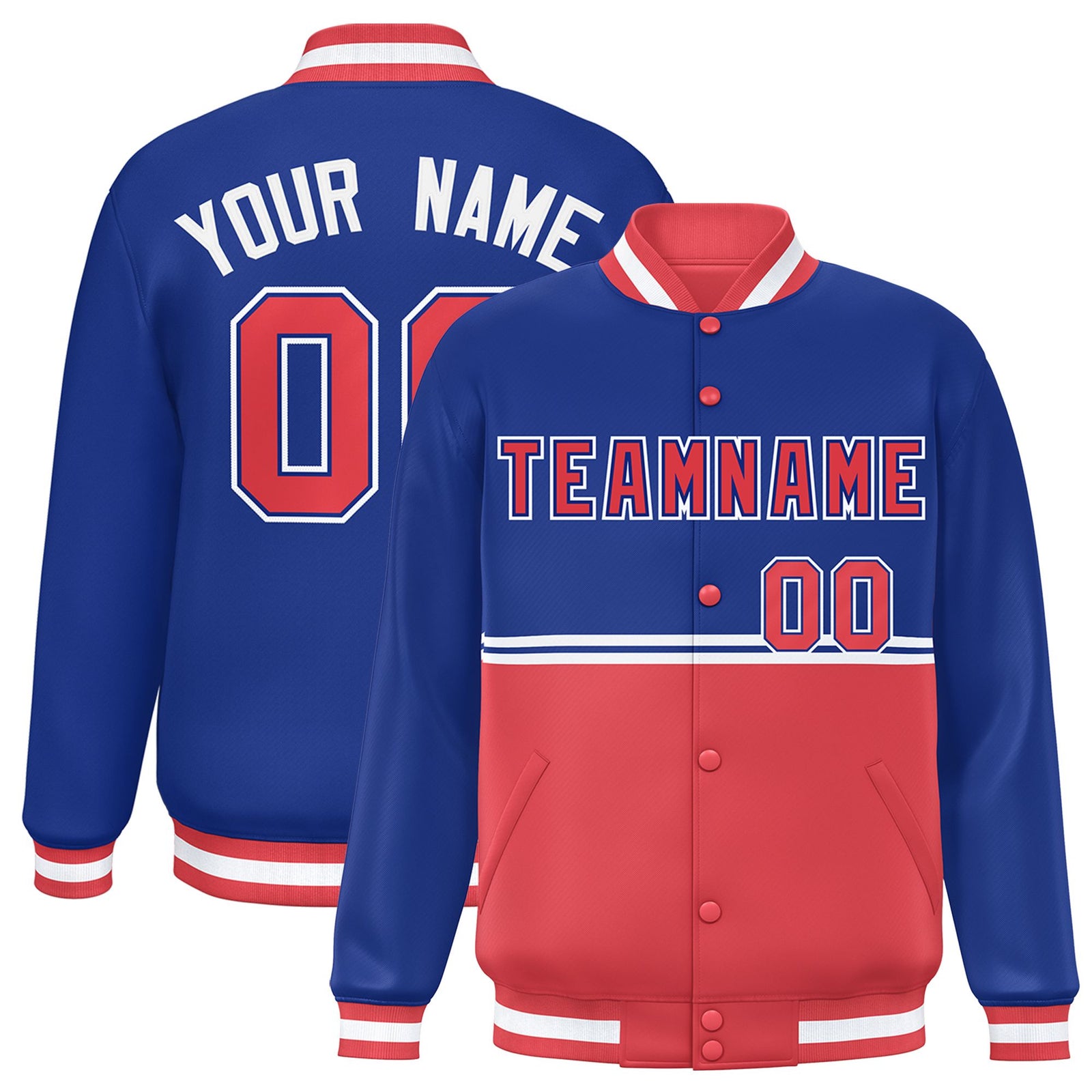 Custom Royal Light Red Varsity Full-Snap Color Block Letterman Jacket