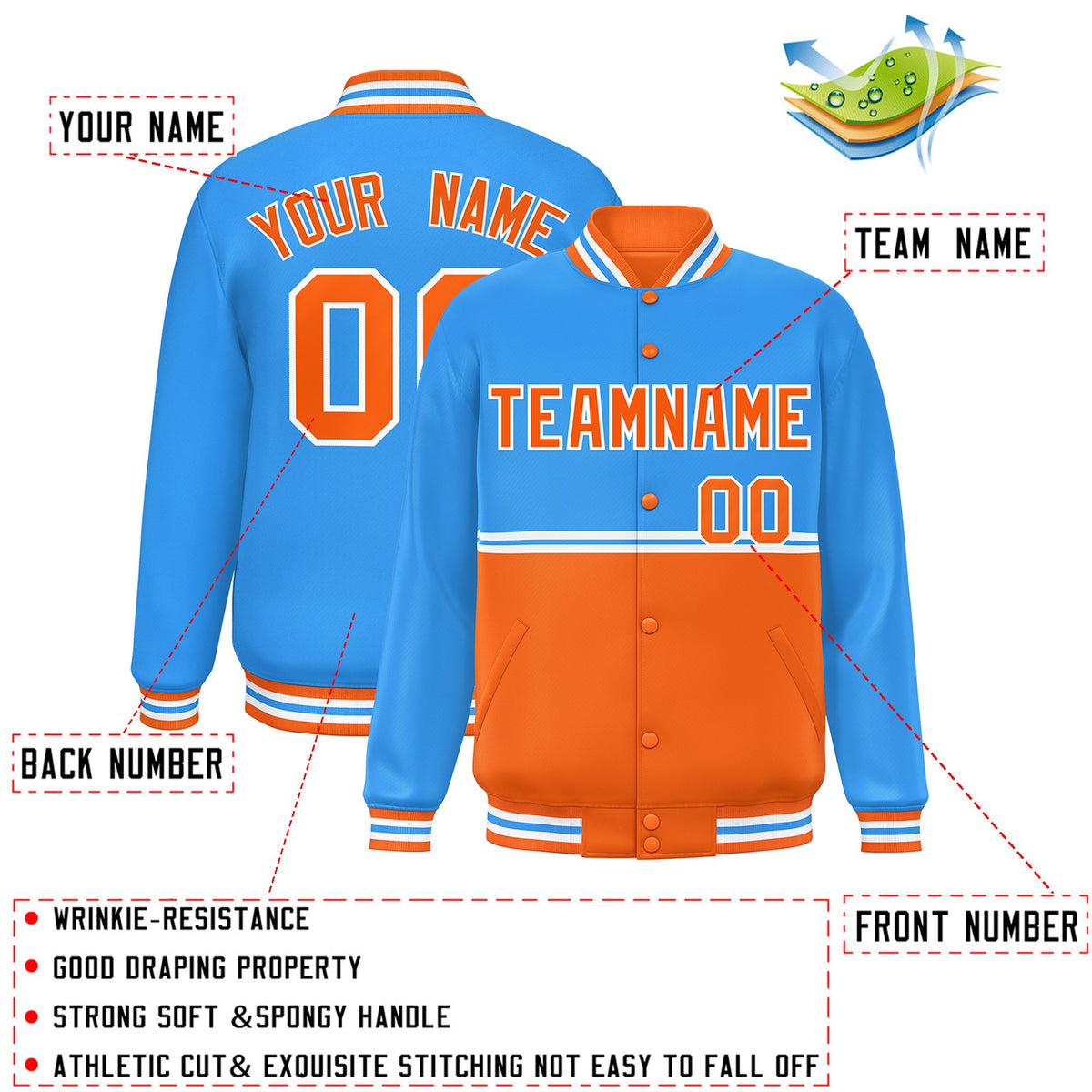 Custom Powder Blue Orange Varsity Full-Snap Color Block Letterman Jacket