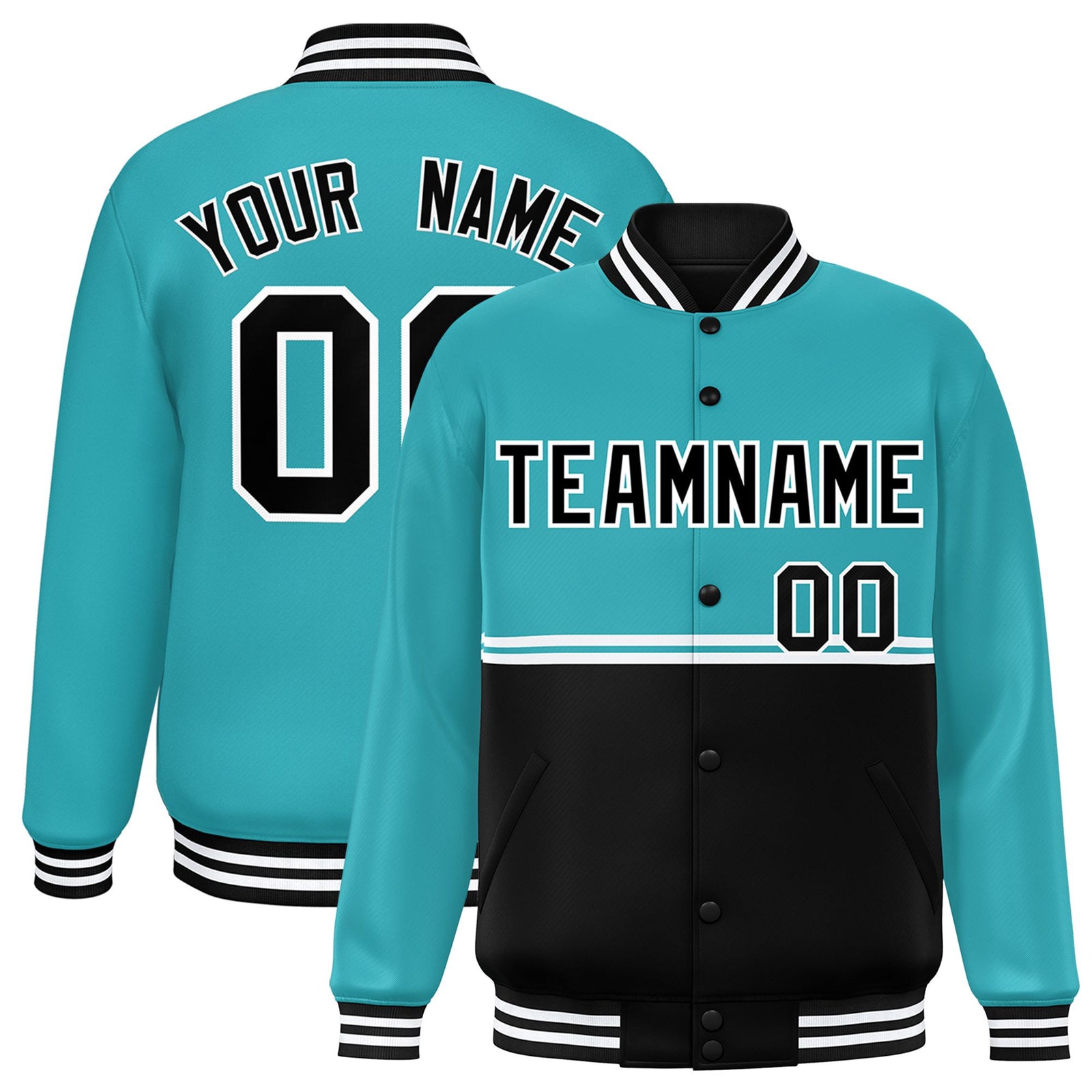Custom Aqua Black Varsity Full-Snap Color Block Letterman Jacket