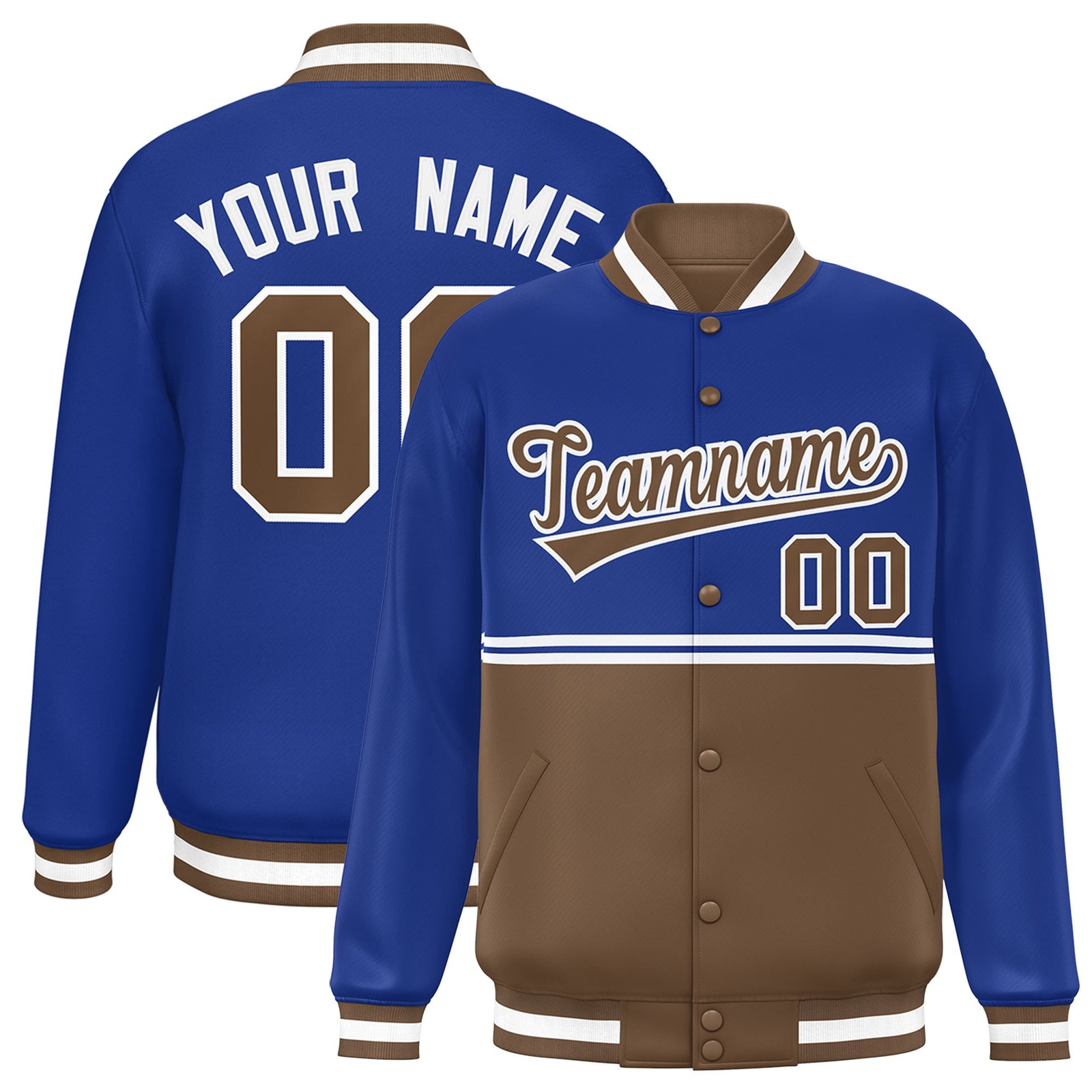 Custom Royal Light Brown Varsity Full-Snap Color Block Letterman Jacket