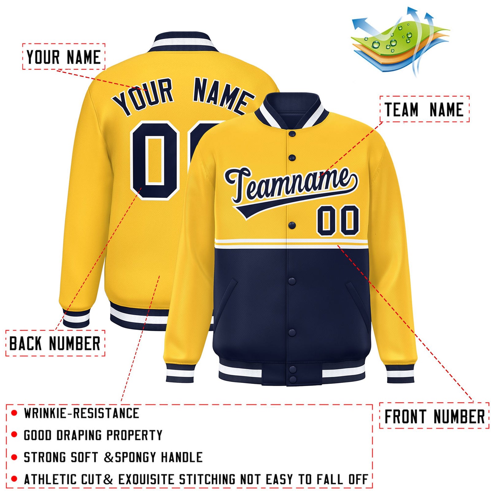 Custom Gold Navy Varsity Full-Snap Color Block Letterman Jacket
