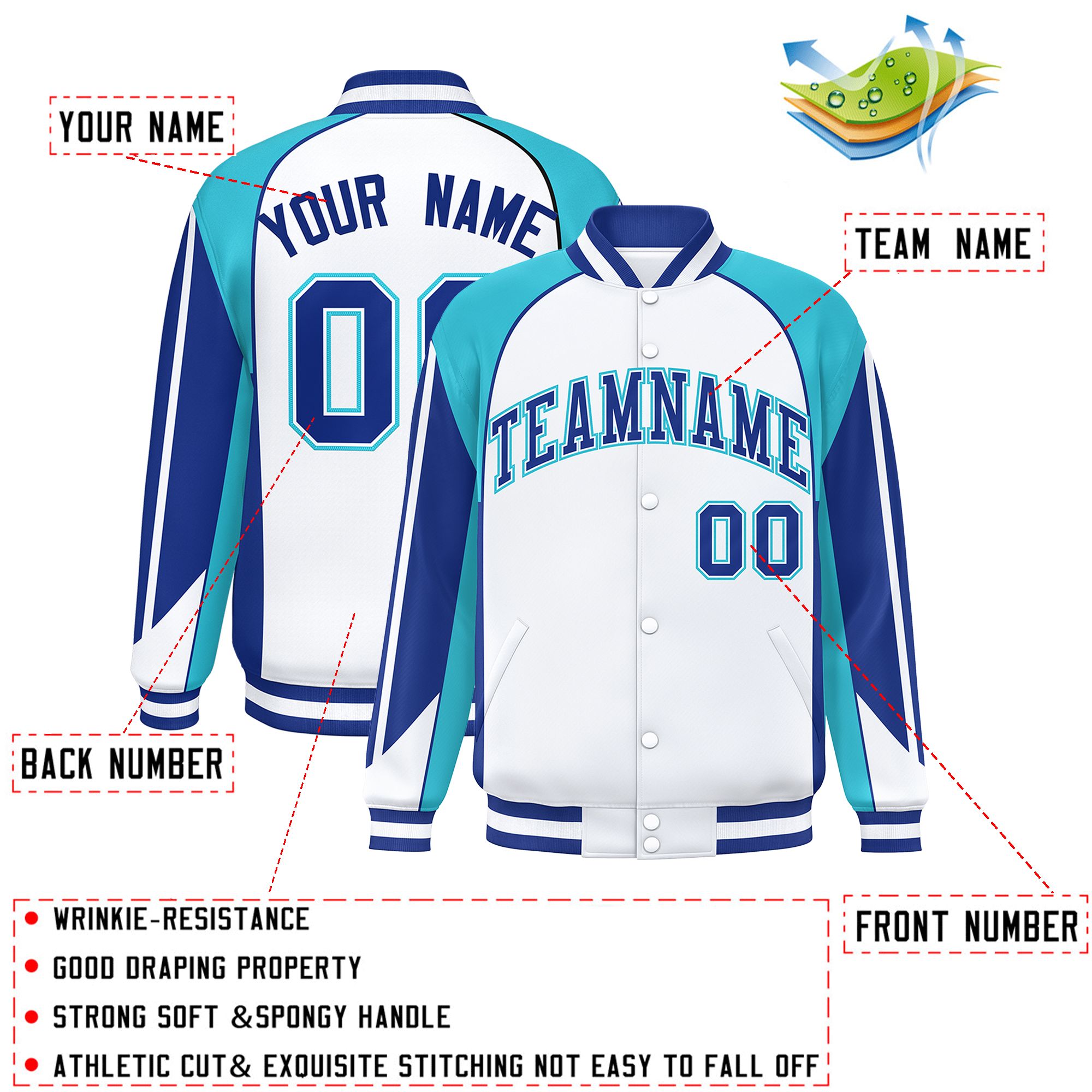 Custom White Sky Blue Varsity Full-Snap Personalized Raglan Sleeves Color Block Letterman Jacket