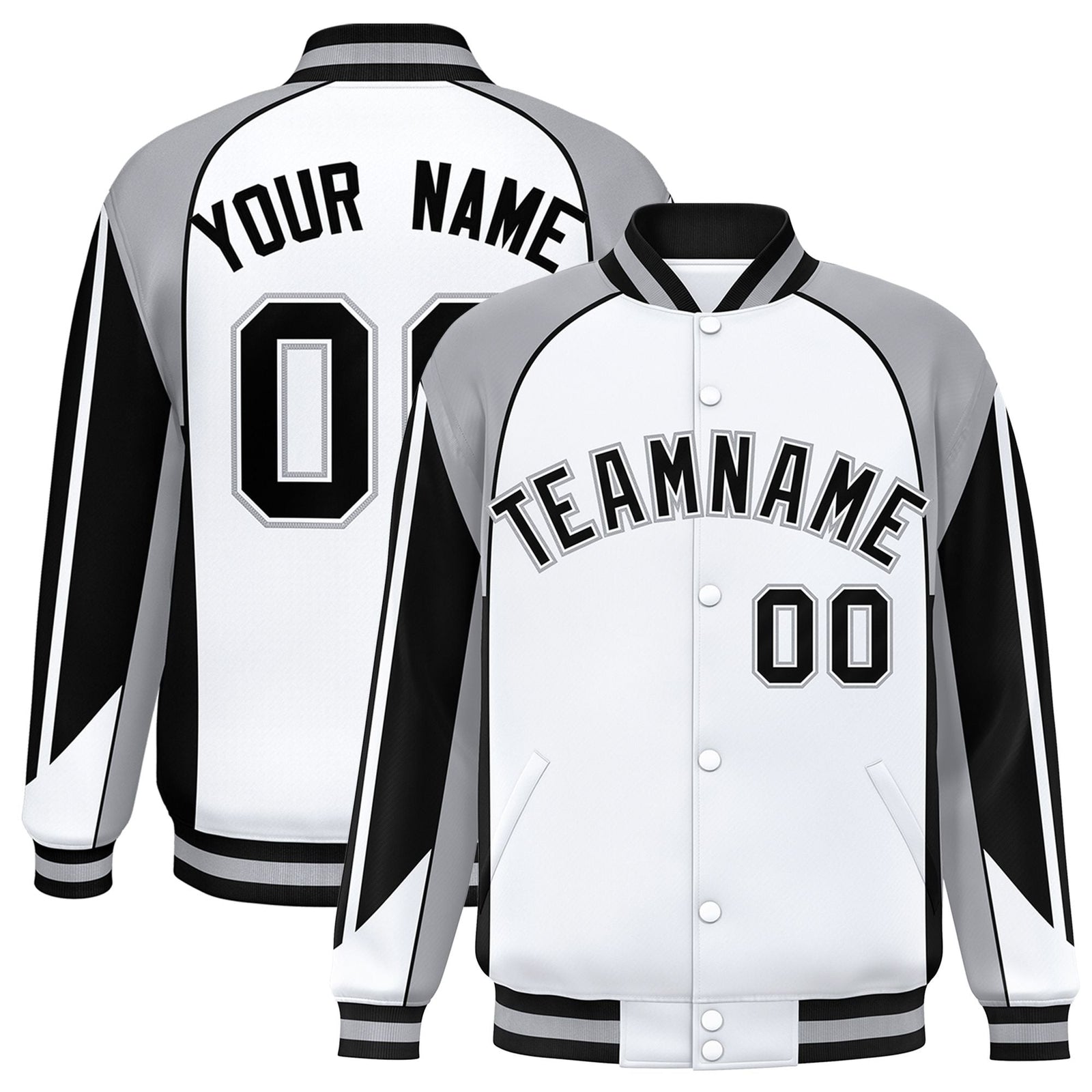 Custom White Gray Varsity Full-Snap Personalized Raglan Sleeves Color Block Letterman Jacket