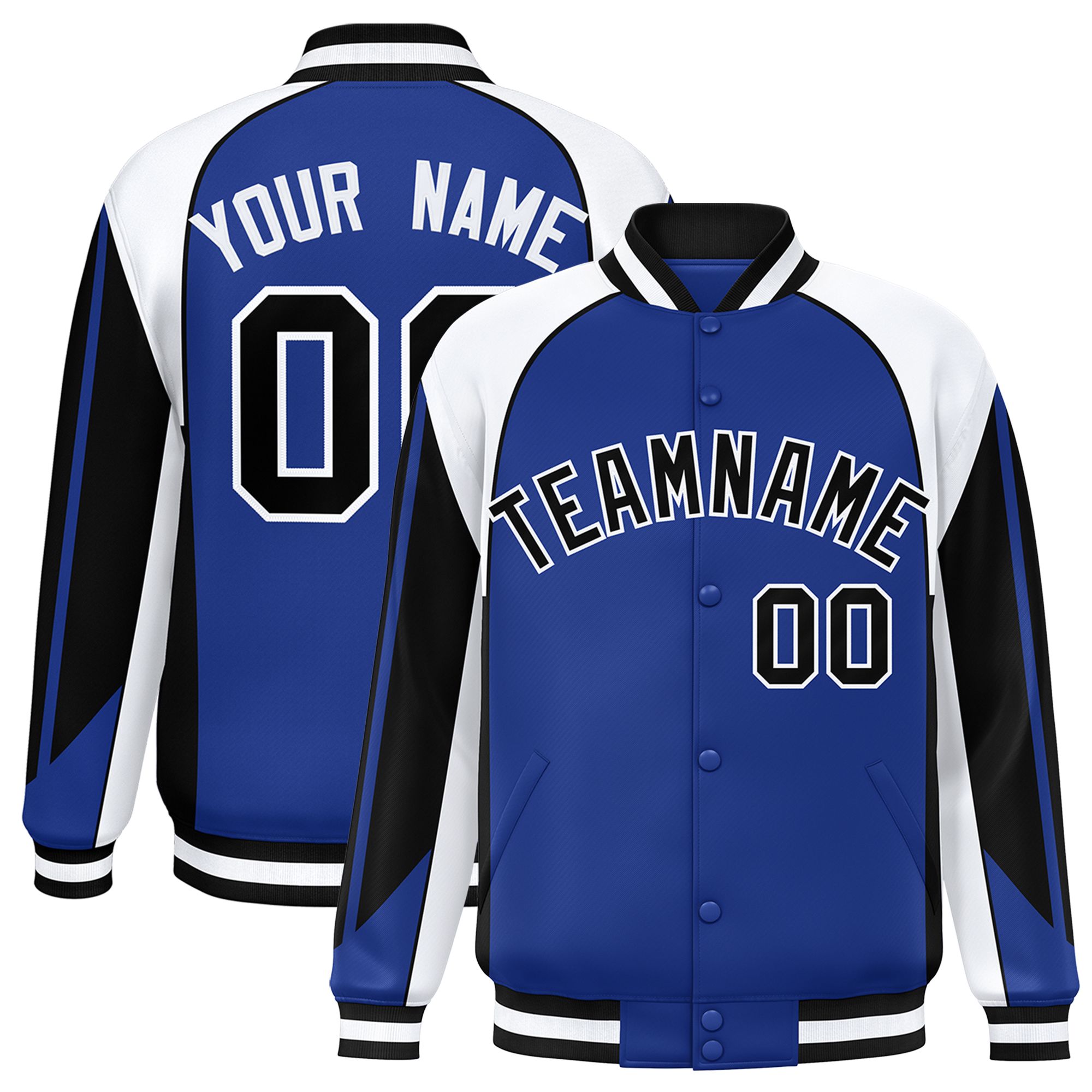 Custom Royal White Varsity Full-Snap Personalized Raglan Sleeves Color Block Letterman Jacket