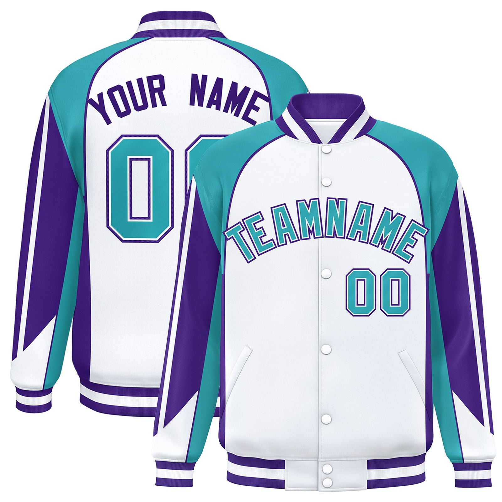 Custom White Aqua Varsity Full-Snap Personalized Raglan Sleeves Color Block Letterman Jacket