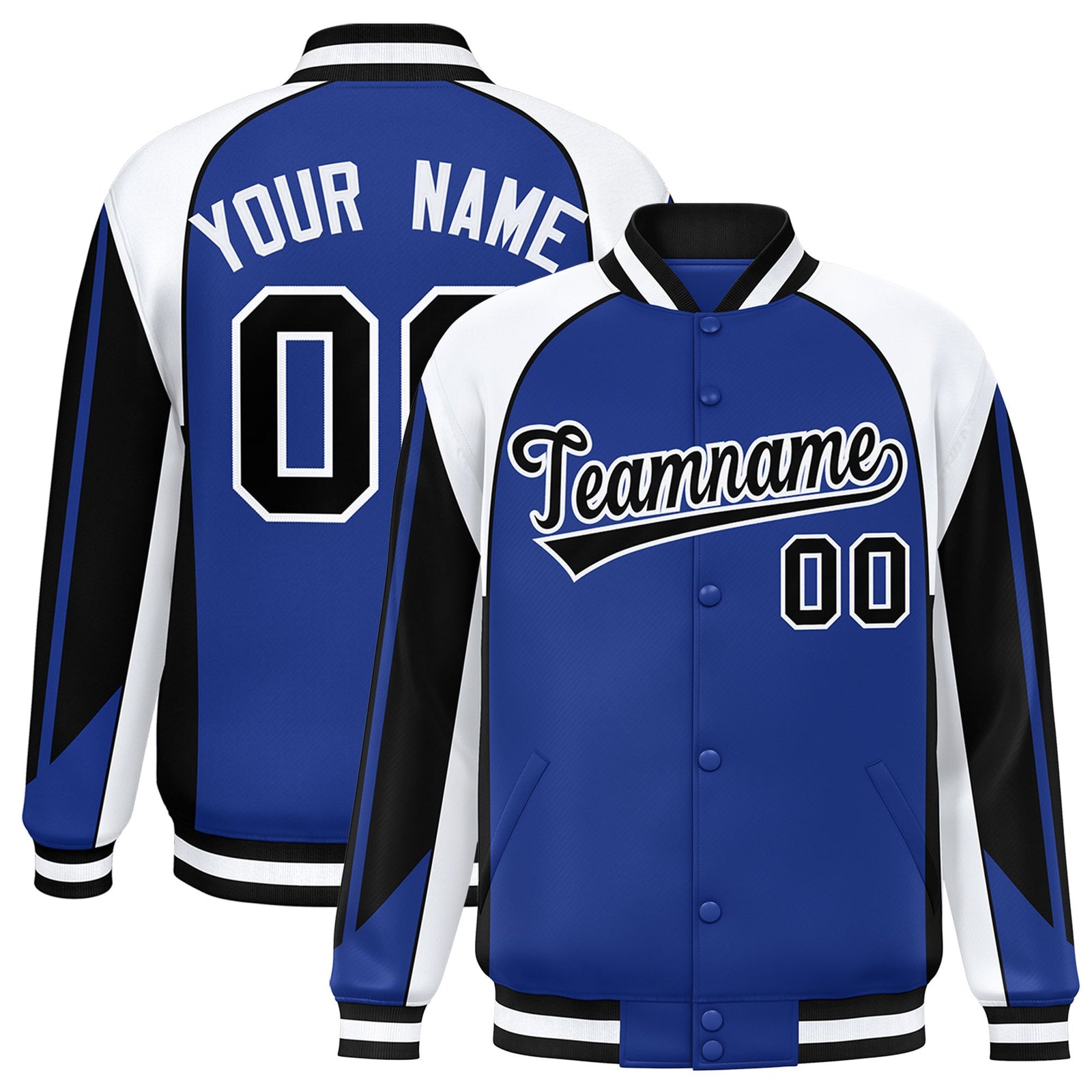 Custom Royal White Varsity Full-Snap Personalized Raglan Sleeves Color Block Letterman Jacket