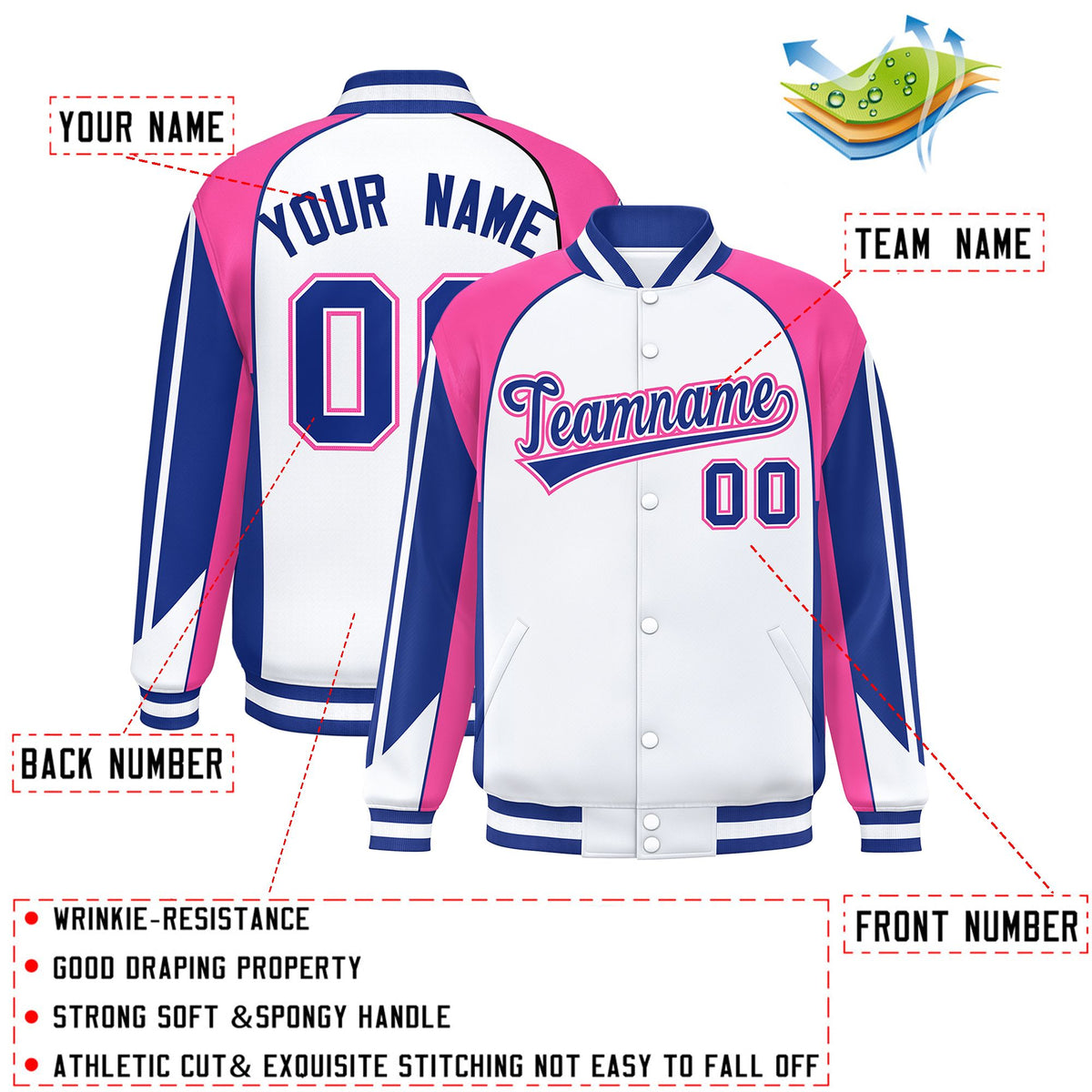 Custom White Pink Varsity Full-Snap Personalized Raglan Sleeves Color Block Letterman Jacket