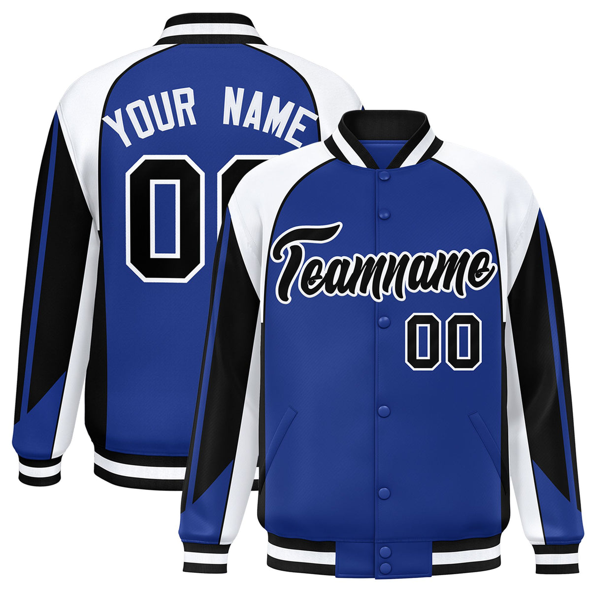 Custom Royal White Varsity Full-Snap Personalized Raglan Sleeves Color Block Letterman Jacket