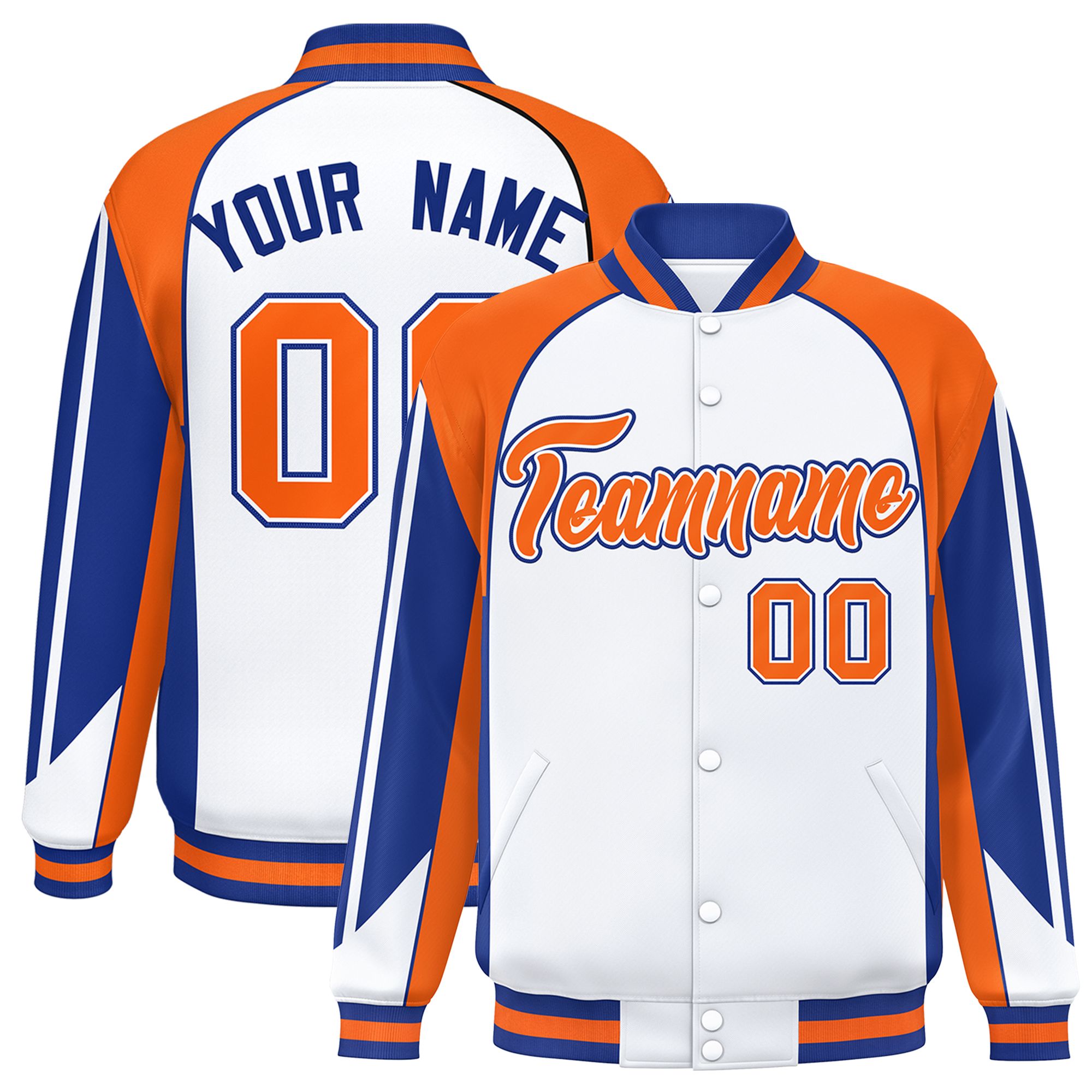 Custom White Orange Varsity Full-Snap Personalized Raglan Sleeves Color Block Letterman Jacket